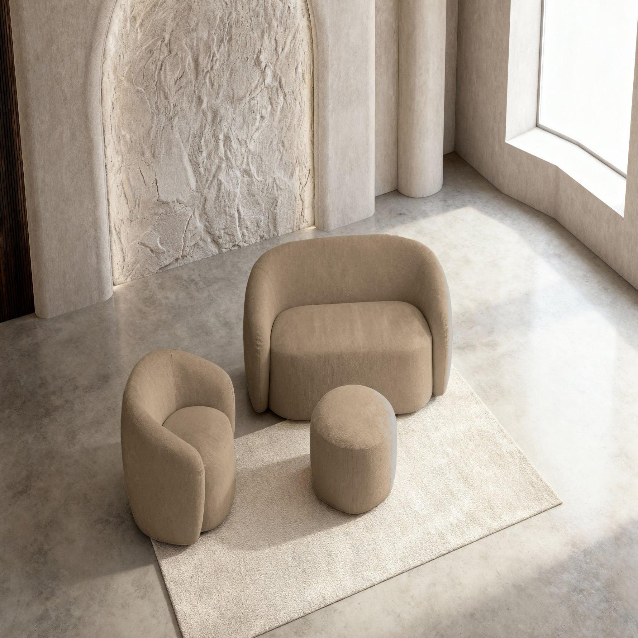 Voir la diapositive 6 : CASANOVA PARIS Aurelie - pack canapé droit 2 places + fauteuil + pouf tissu