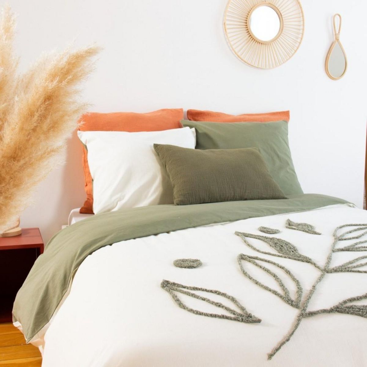 COTE DECO Housse de couette 240x220 + 2 taies HERBIER en coton lavé