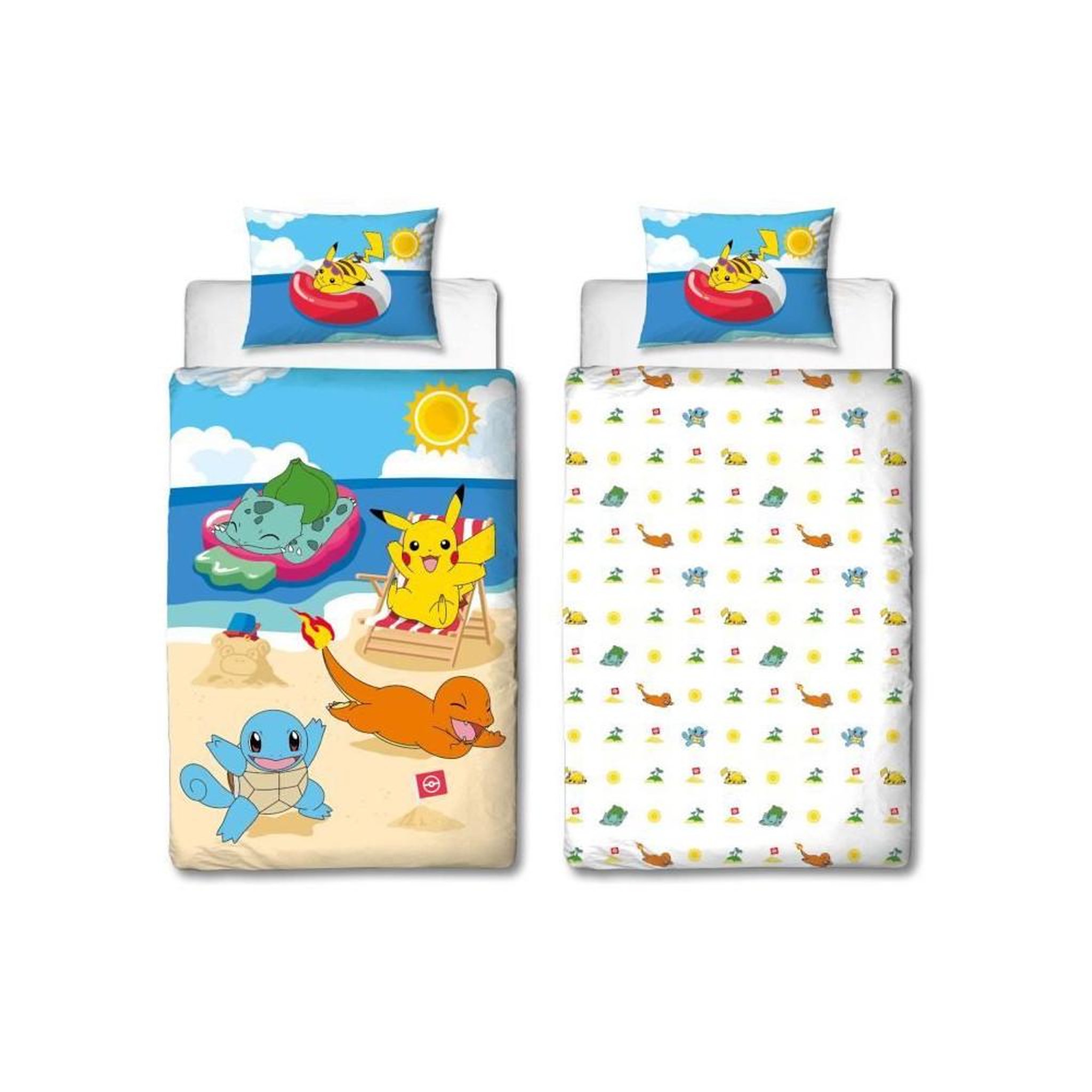 Pokemon Parure de lit - POKEMON - Pikachu a la plage - Microfibre - 1 housse de couette 140 x 200 cm + 1 taie 63 x 63 cm