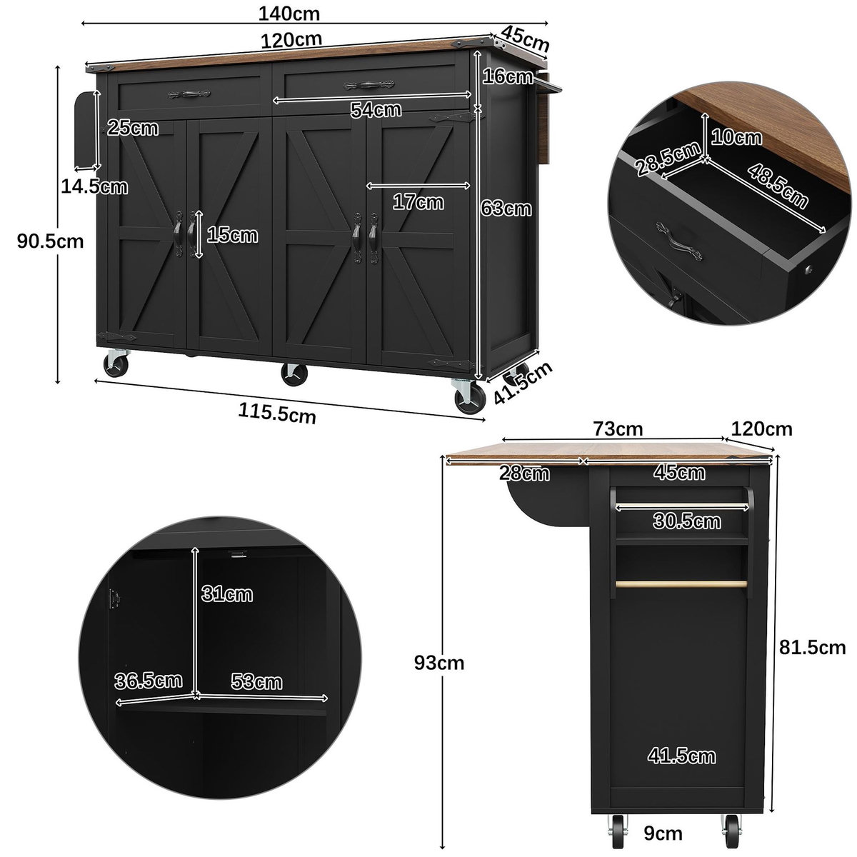 MERAX Desserte 4 portes 2 tiroirs coloris noir mdf