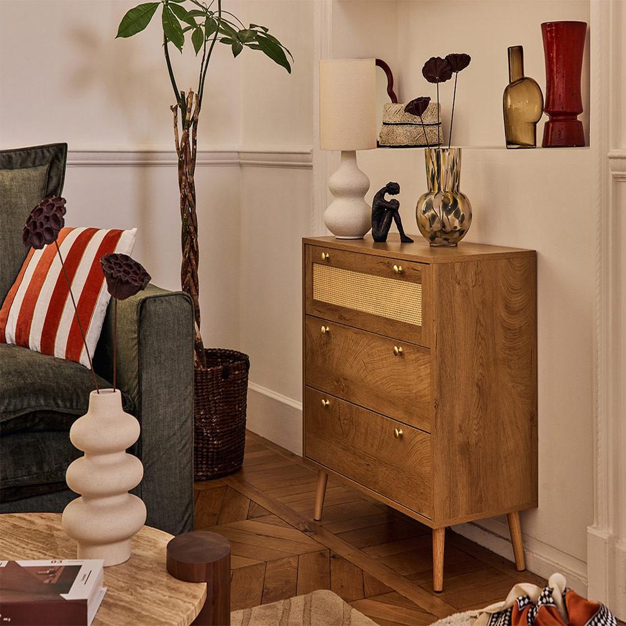 Voir la diapositive 4 : BEST MOBILIER Goto - commode - effet bois et cannage - 80 cm