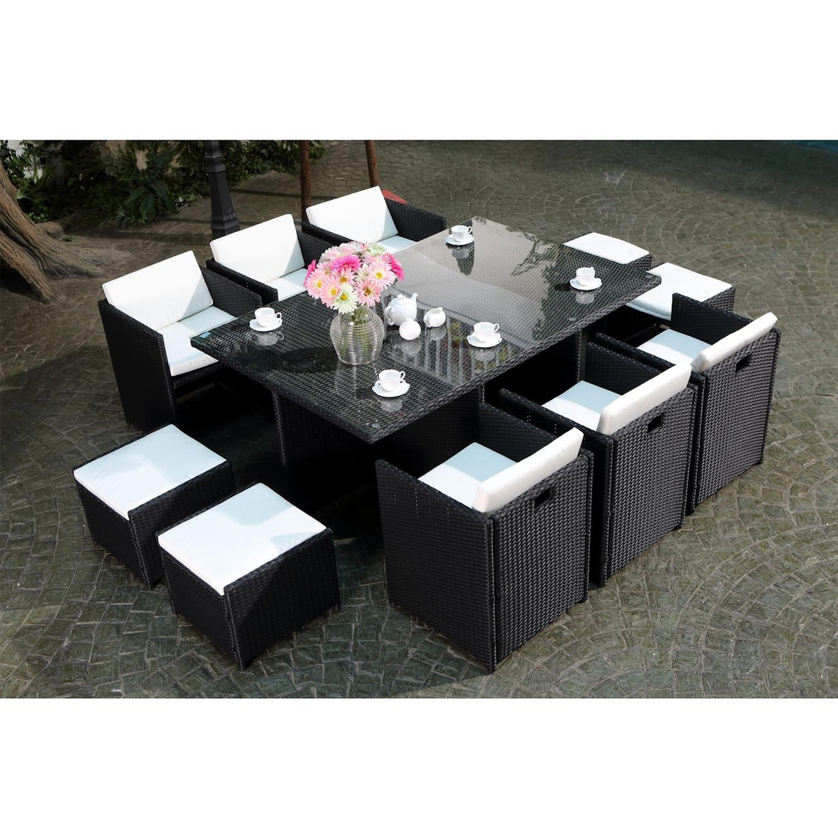 CONCEPT USINE MIAMI - Salon de jardin 10 places noir-blanc + housse de protection MIAMI