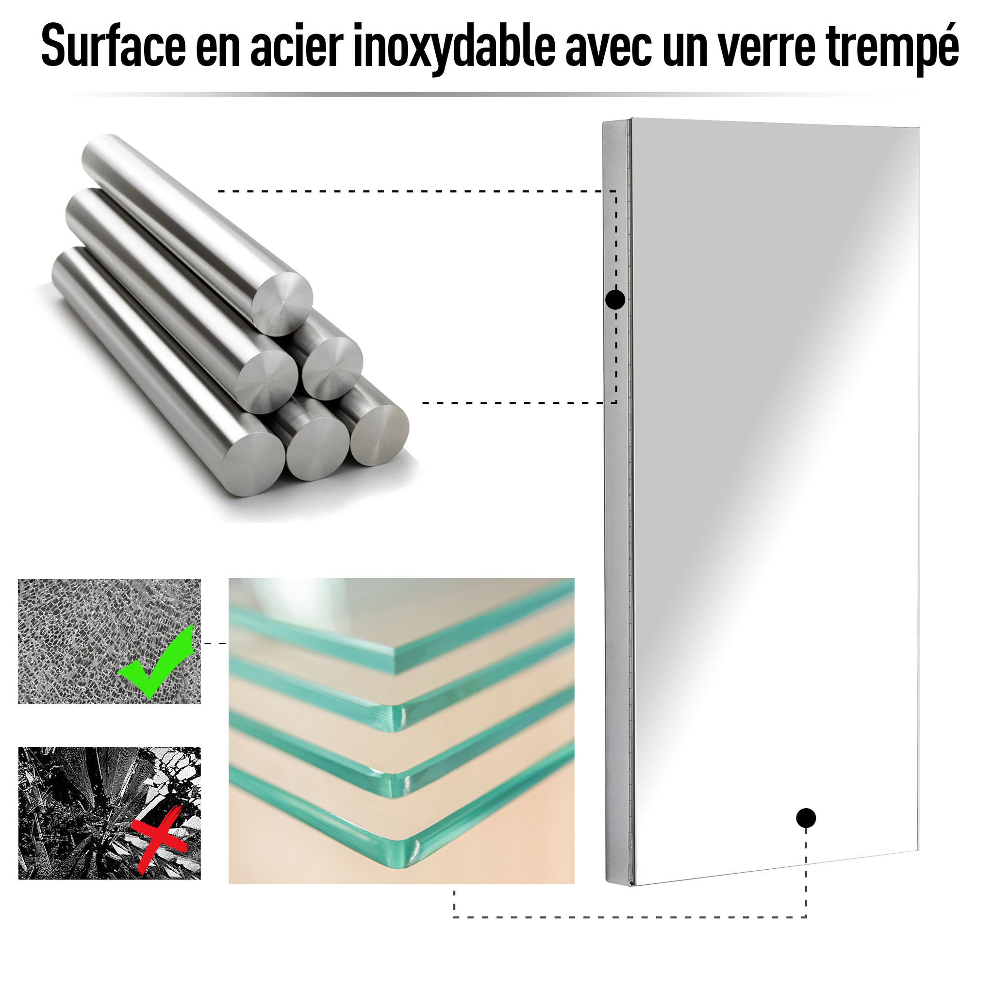 Voir la diapositive 6 : HOMCOM Armoire miroir salle de bain armoire de toilette murale meuble d'angle 2 étagères dim. 30L x 18,4l x 60H cm acier inox.
