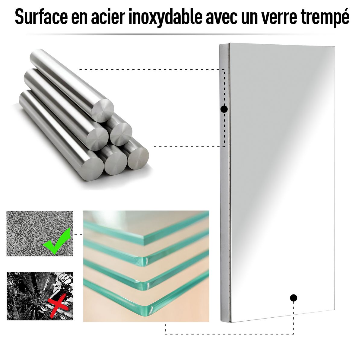 HOMCOM Armoire miroir salle de bain armoire de toilette murale meuble d'angle 2 étagères dim. 30L x 18,4l x 60H cm acier inox.