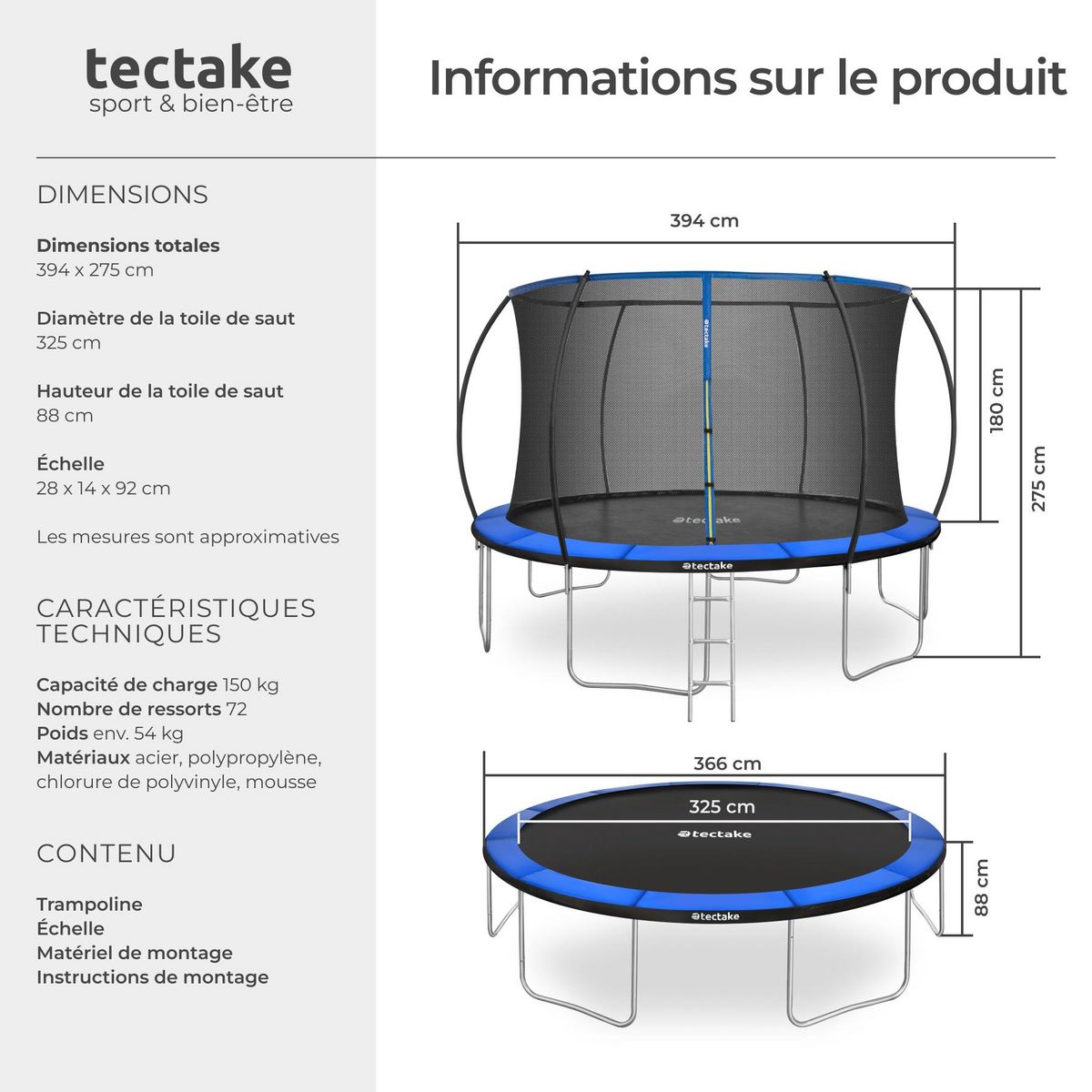 tectake Trampoline Ø 366 cm certifié GS noir/bleu