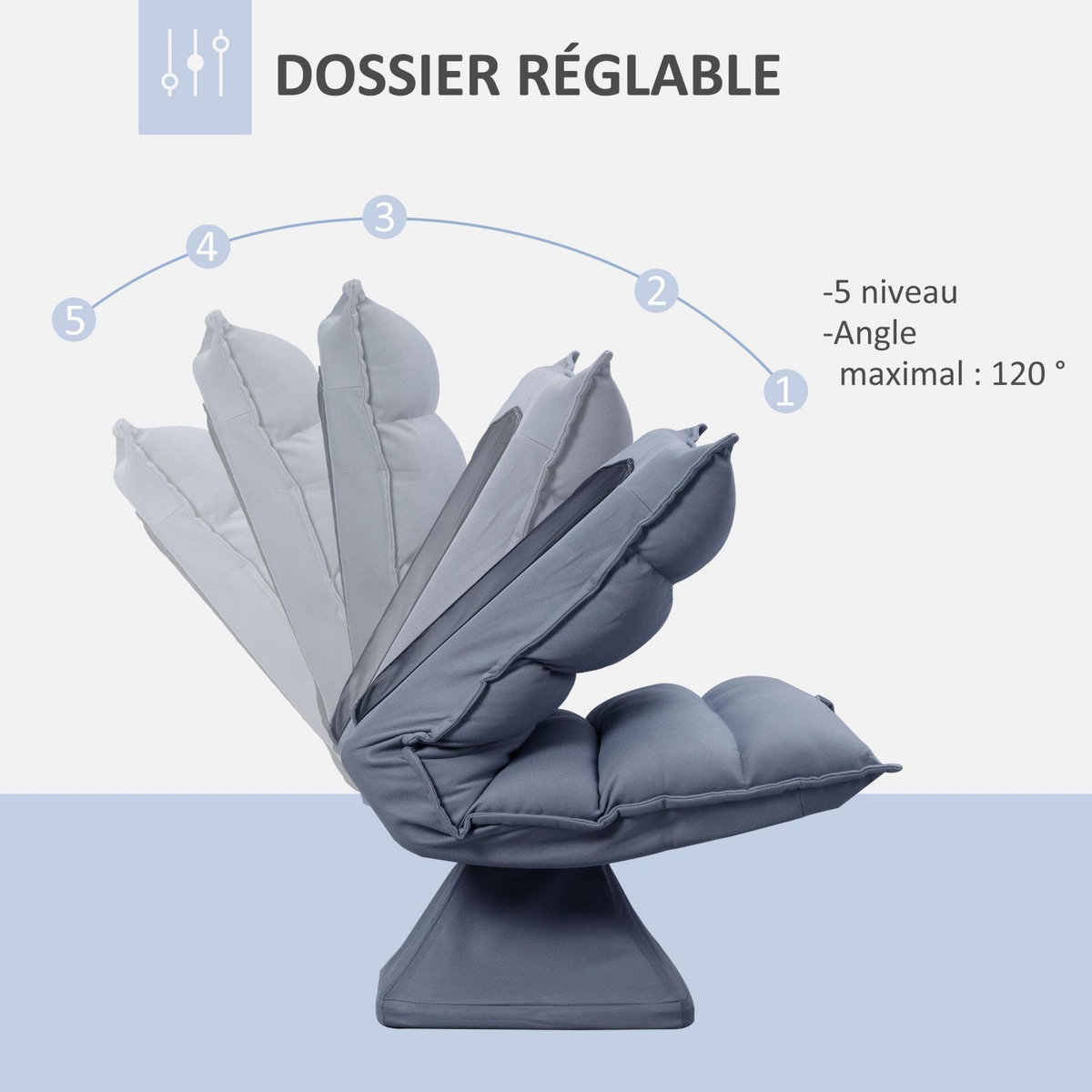 HOMCOM Fauteuil relax grand confort pivotant inclinaison réglable 5 niv. épais garnissage mousse haute densité tissu velours microfibre gris