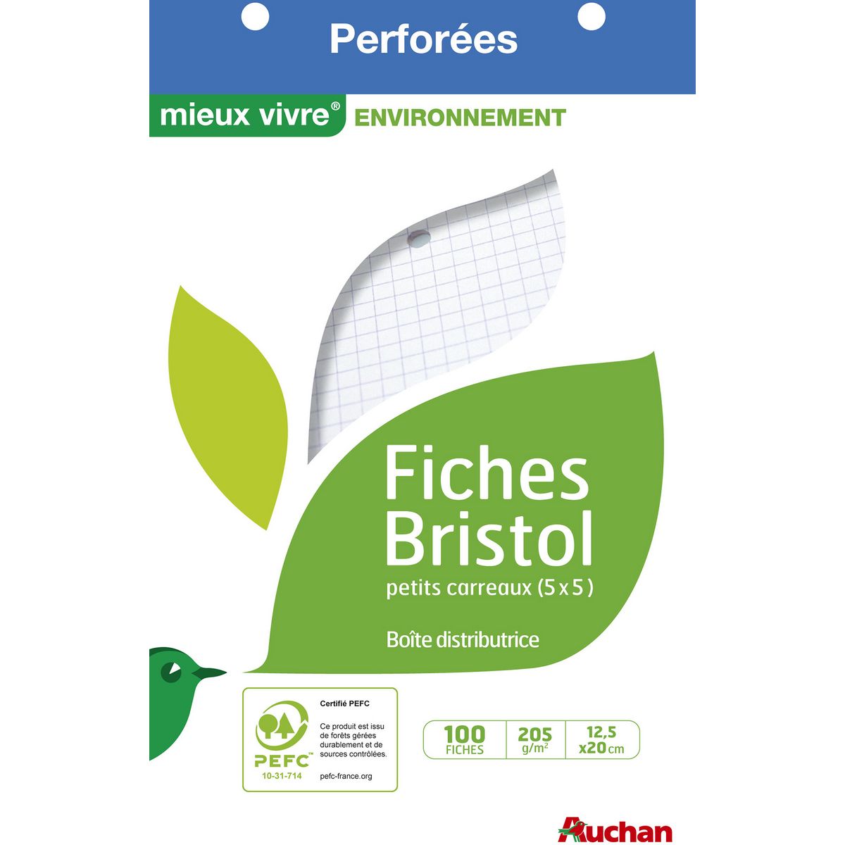 AUCHAN Lot de 100 fiches bristol perforées 5x5 12.5x20cm - petits carreaux