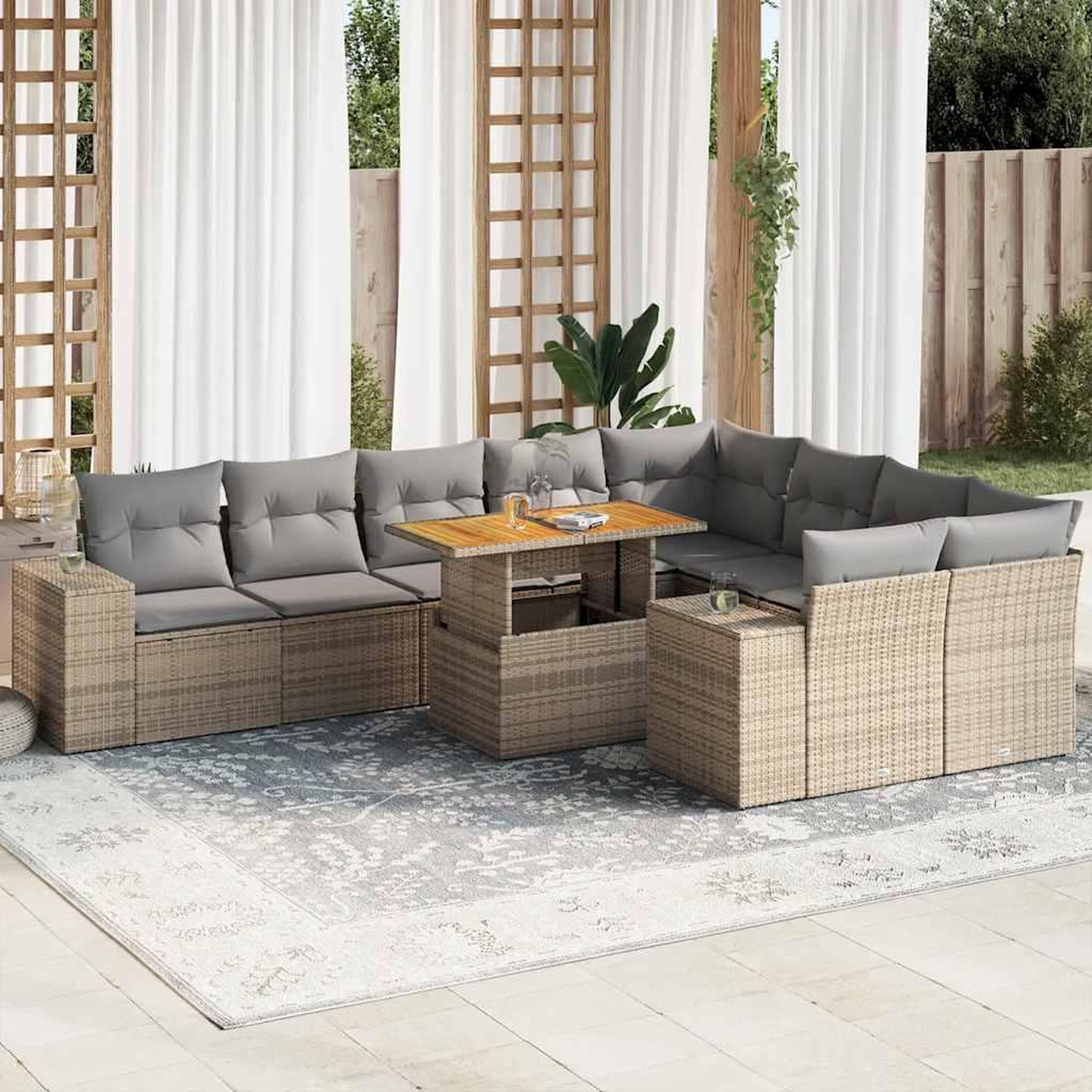VIDAXL Salon de jardin avec coussins 10pcs beige resine tressee acacia
