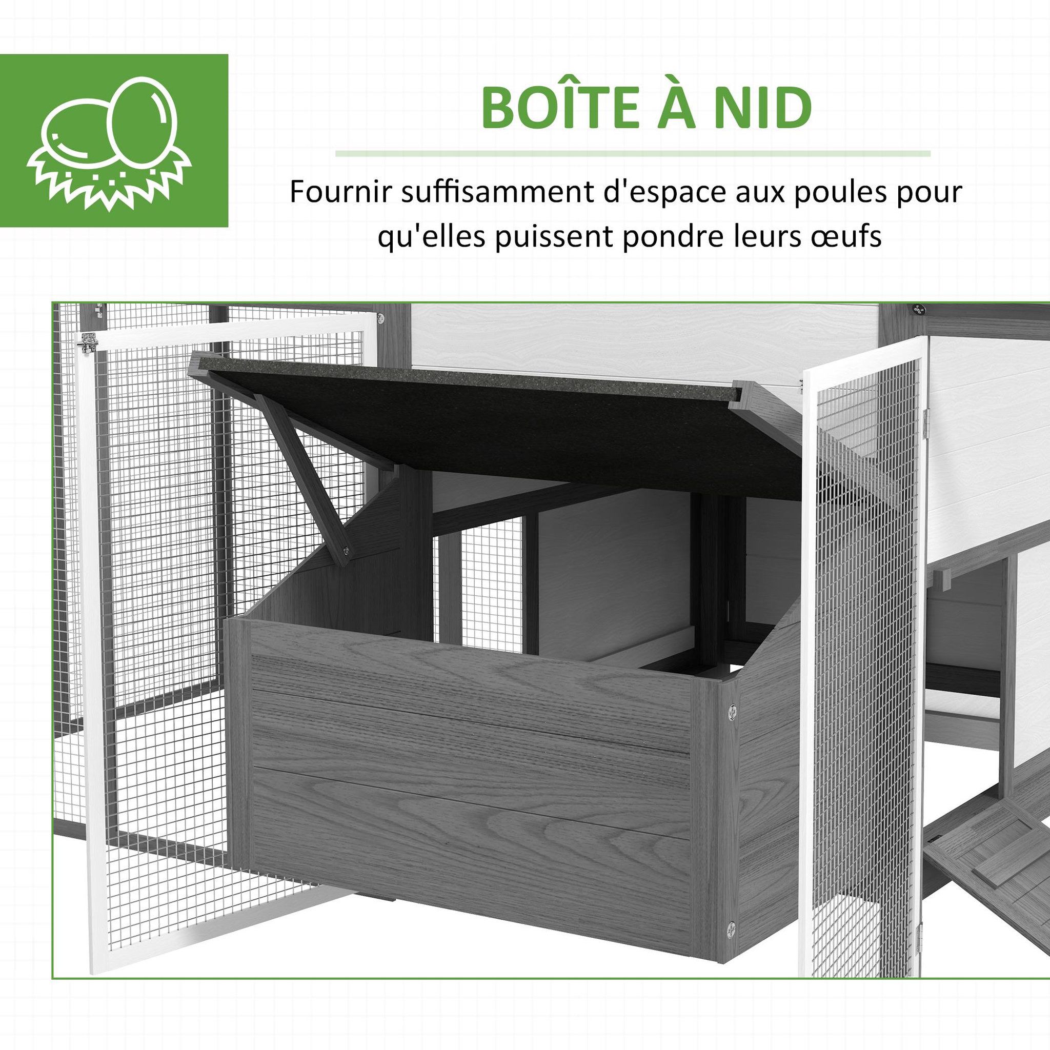 Voir la diapositive 6 : PAWHUT Poulailler en bois 2 enclos modulables niche pondoir gris