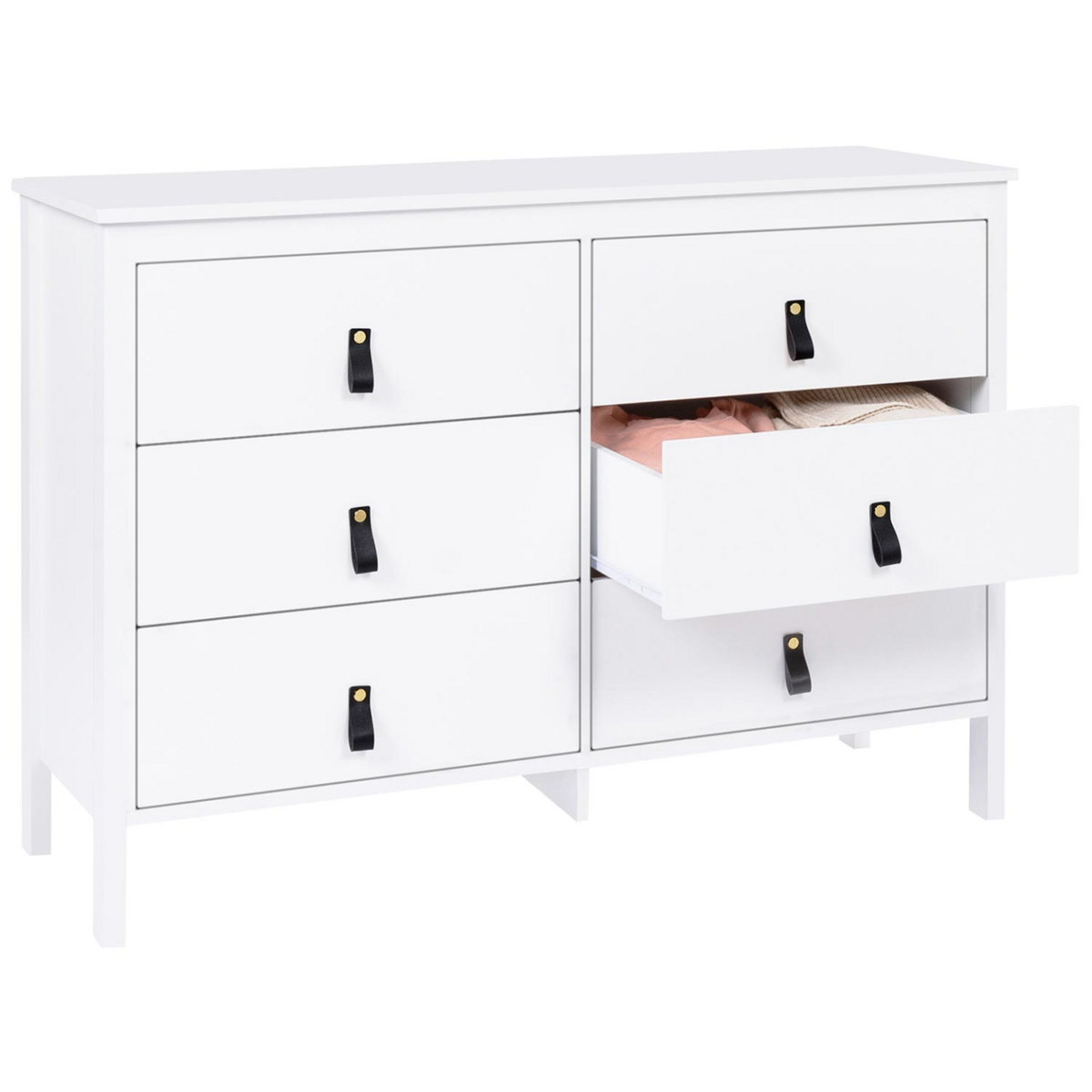ID MARKET Commode 6 tiroirs MILANO 115 cm bois blanc avec poignée languette noire
