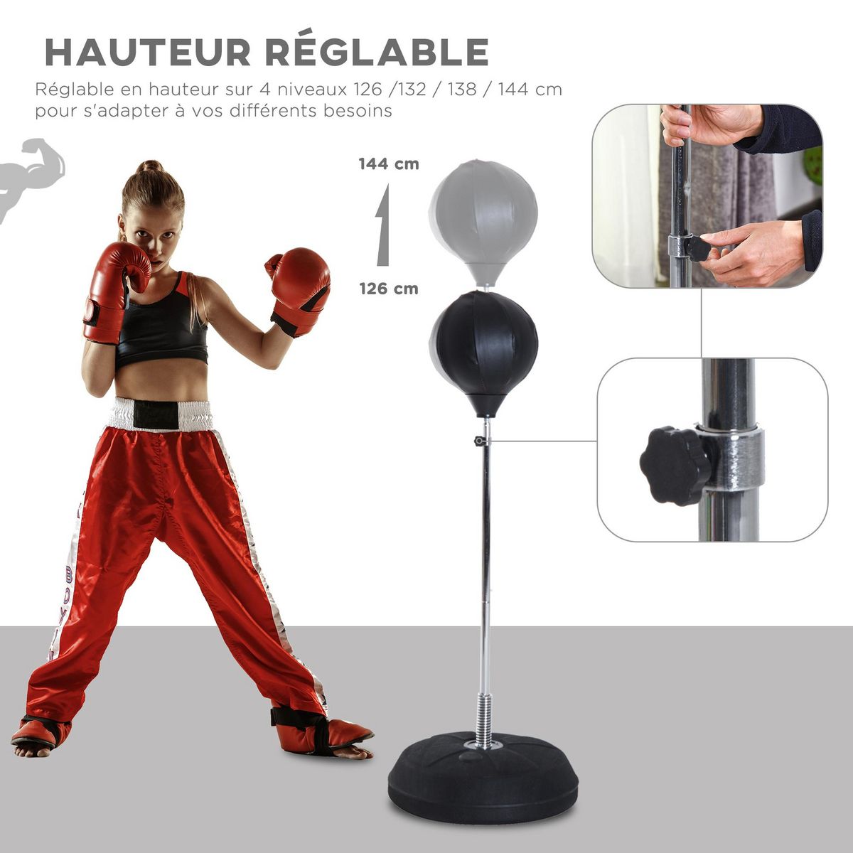 HOMCOM Punching ball sur pied réglable en hauteur 126-144 cm avec gants, pompe et base de lestage noir