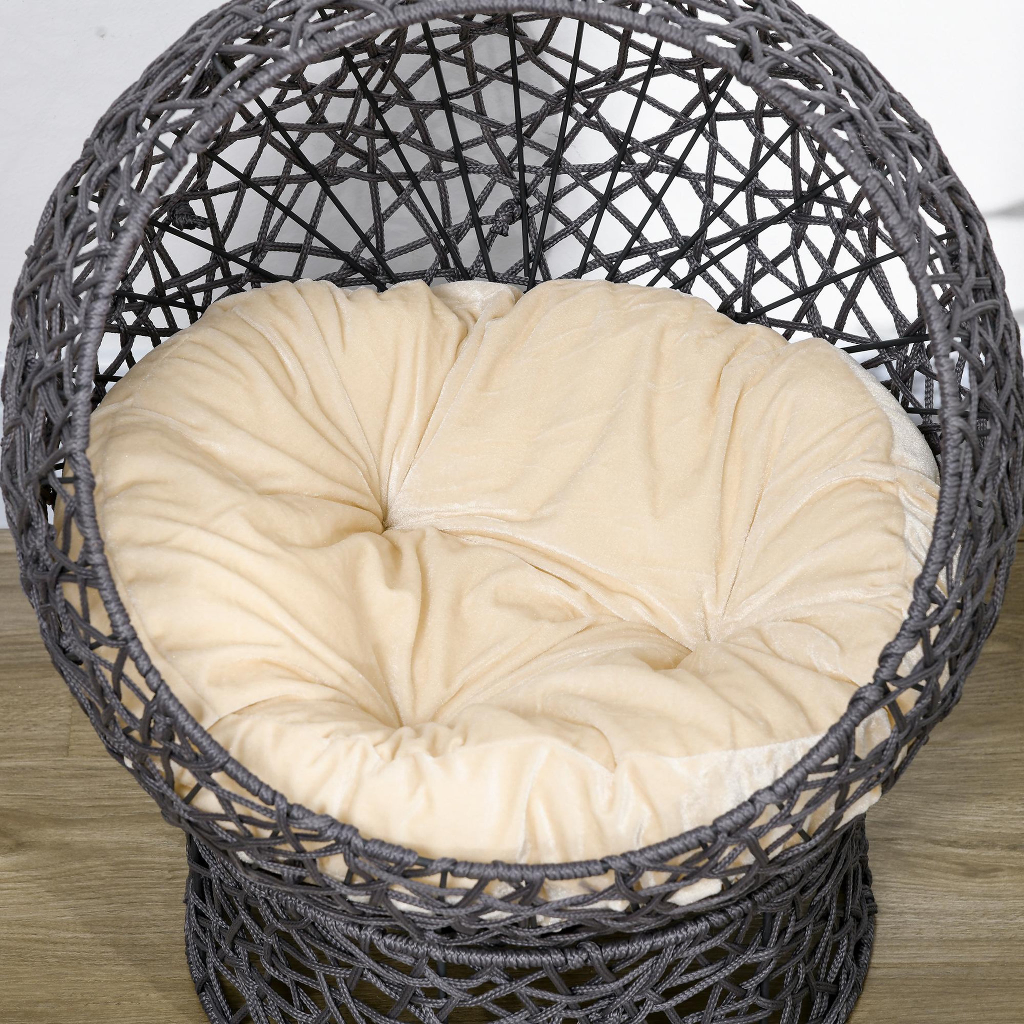 Voir la diapositive 6 : PAWHUT Panier tressé chat gris apia lit chat cosy grand confort dia. 50 x h.60 cm coussin moelleux beige inclus
