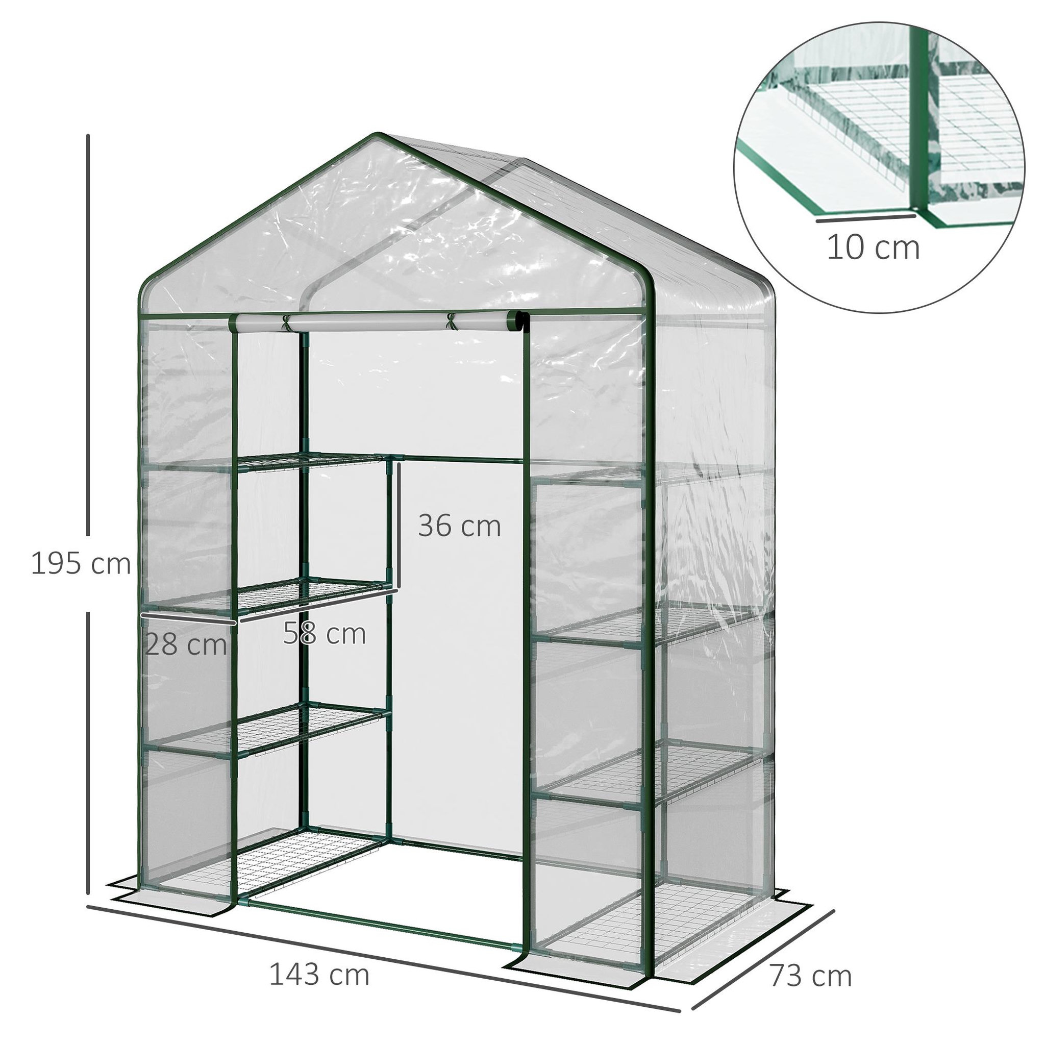 Voir la diapositive 3 : OUTSUNNY Serre de jardin balcon terrasse 8 étagères dim. 143l x 73l x 195h cm acier pvc imperméable anti-uv transparent vert