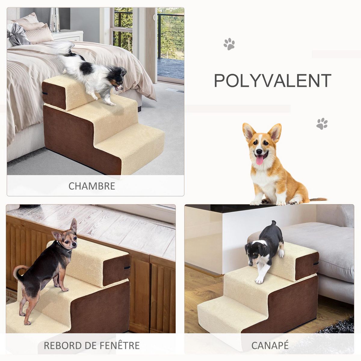 PAWHUT Escalier pour chien animaux rampe 2/3 marches déhoussable dim. 54L x 40l x 39H cm mousse haute densité tissu peluche courte marron crème