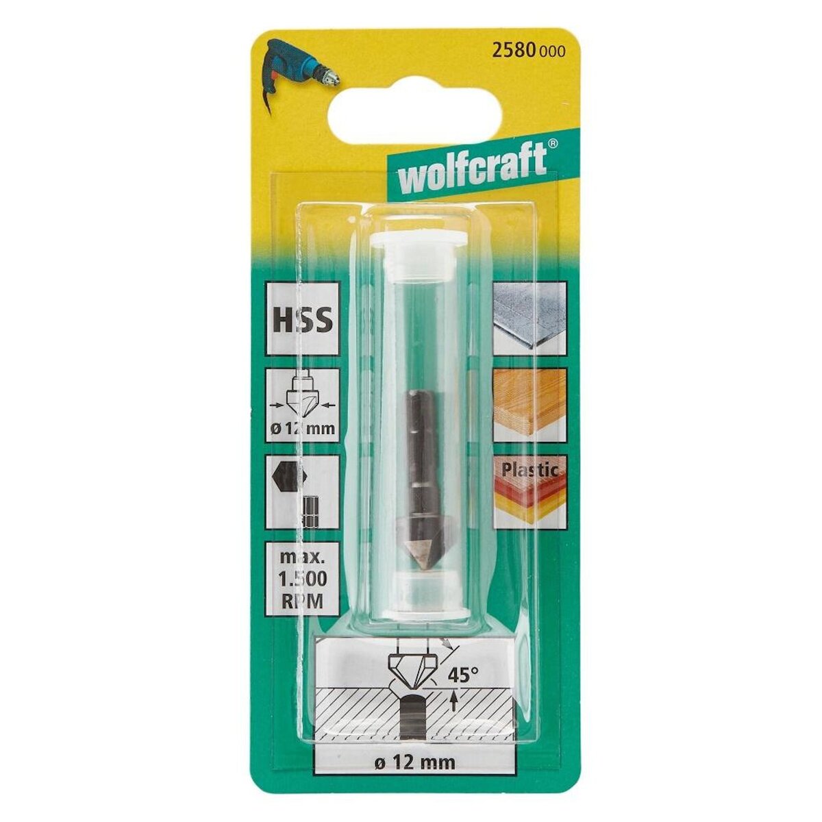 WOLFCRAFT Fraise à encastrer HSS 3 tranchants WOLFCRAFT 2580, diamètre 12 mm