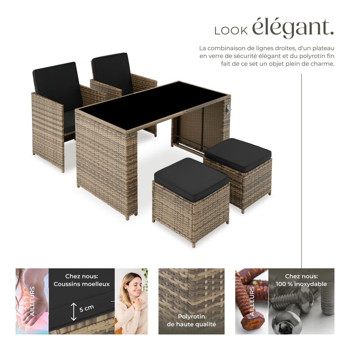 tectake Salon de jardin en résine tressée pour 2 à 4 personnes marron naturel