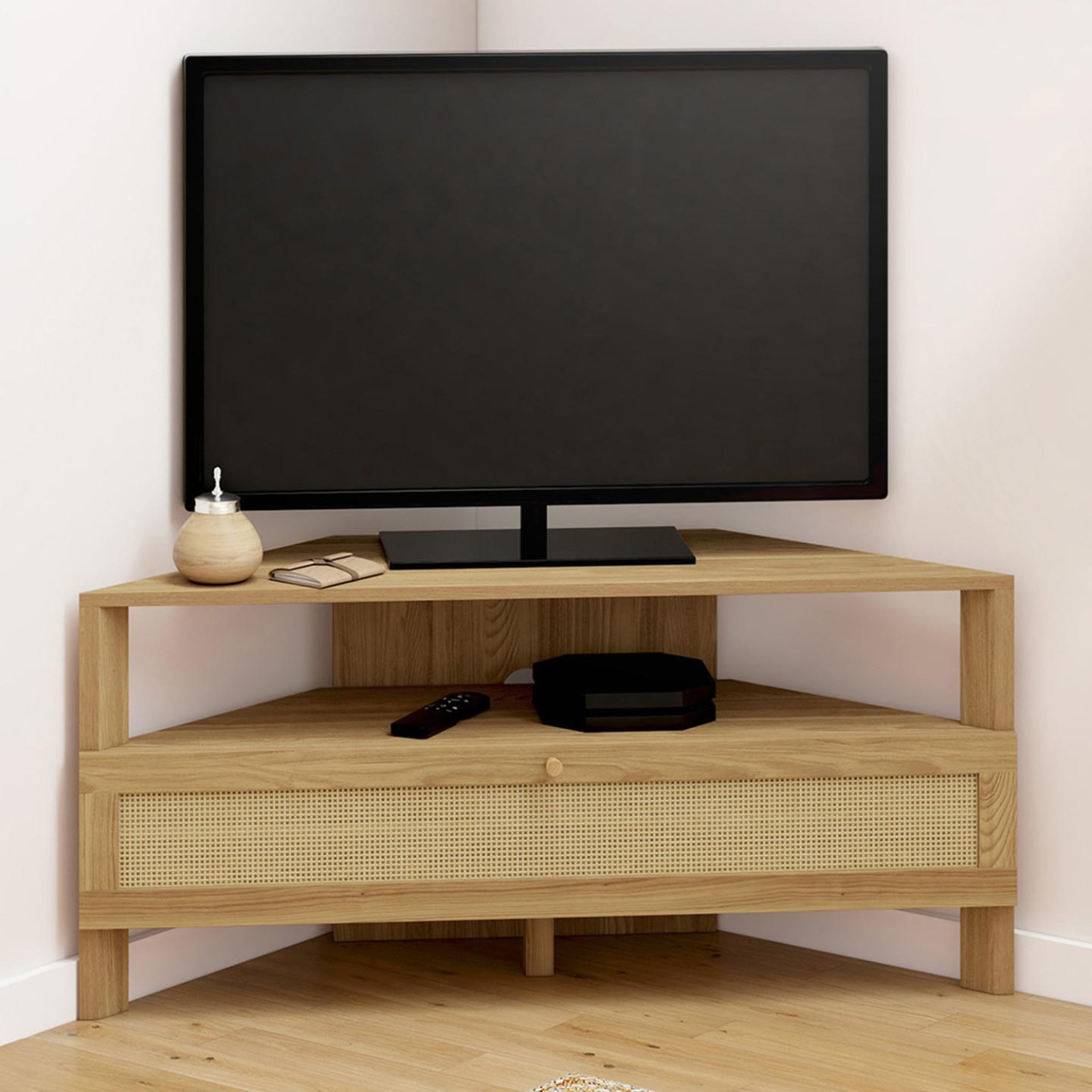Voir la diapositive 2 : ID MARKET Meuble tv 100 cm d'angle hanae 1 porte effet naturel cannage