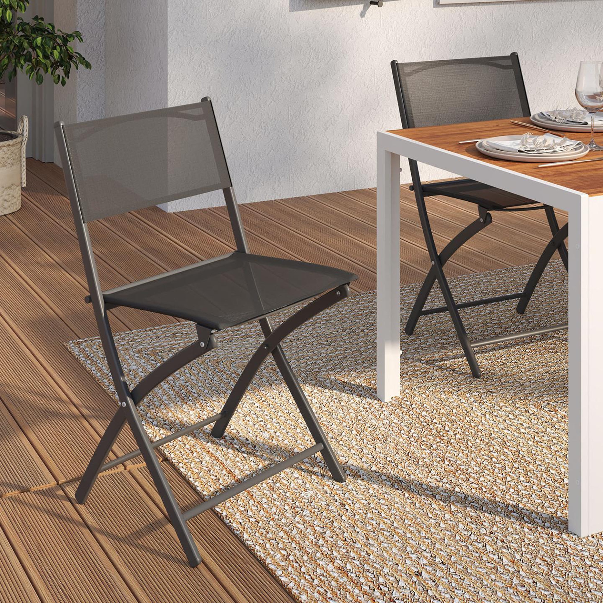 Voir la diapositive 2 : ID MARKET Lot de 6 chaises de jardin pliantes bastia métal et textilène gris anthracite