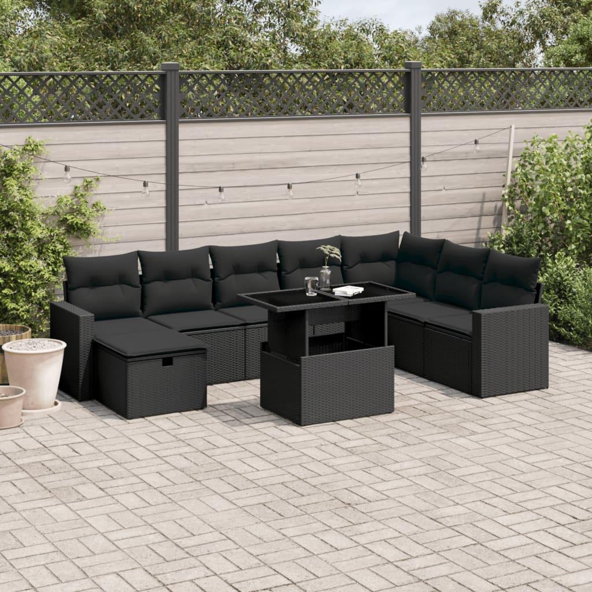 VIDAXL Salon de jardin 9 pcs avec coussins noir resine tressee