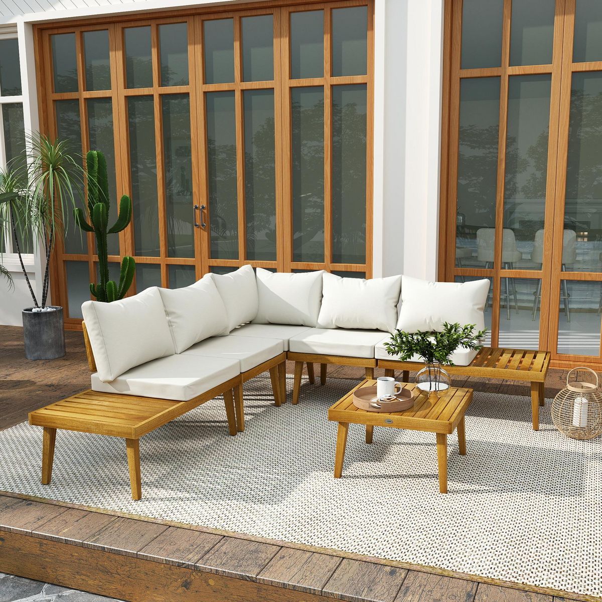 OUTSUNNY Salon de jardin d'angle 5 places en bois d'acacia avec table basse et tablettes latérales coussins crème