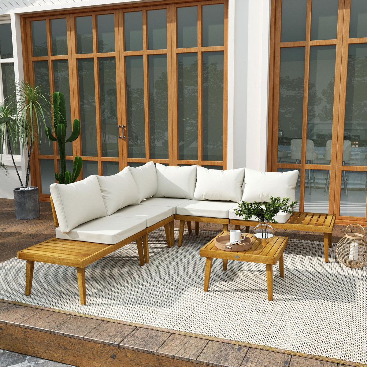 OUTSUNNY Salon de jardin d'angle 5 places en bois d'acacia avec table basse et tablettes latérales coussins crème