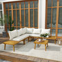 Voir la diapositive 4 : OUTSUNNY Salon de jardin d'angle 5 places en bois d'acacia avec table basse et tablettes latérales coussins crème
