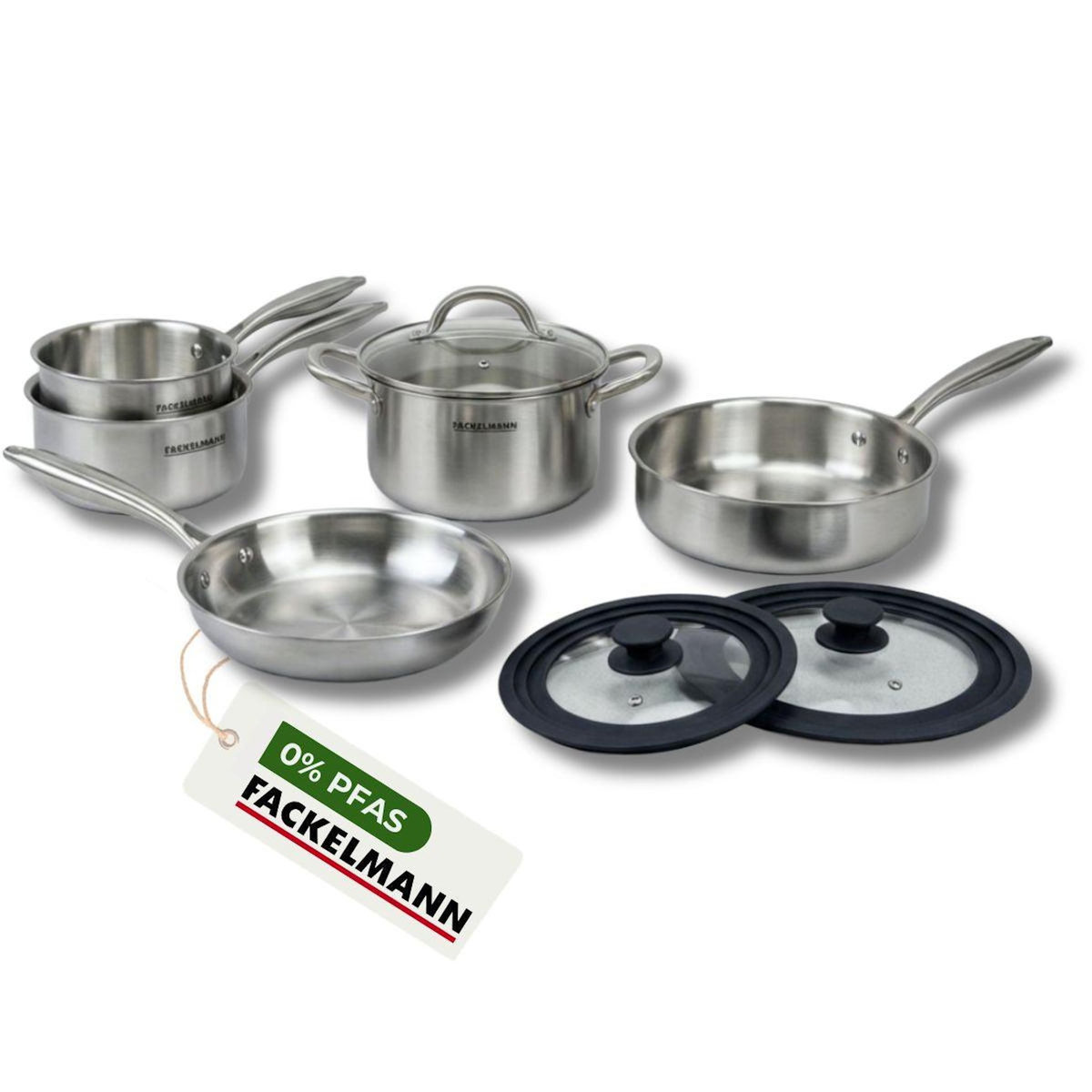Fackelmann Poêles à Frire 24 cm, Casseroles 14 et 18 cm, Faitout 20 cm, Sauteuse 24 cm inox 18/10 Triply et 2 couvercles Fackelmann Vita3