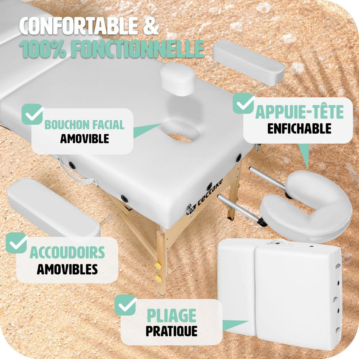 tectake Table de massage Somwang 3 zones avec rembourrage de 7,5cm et châssis en bois