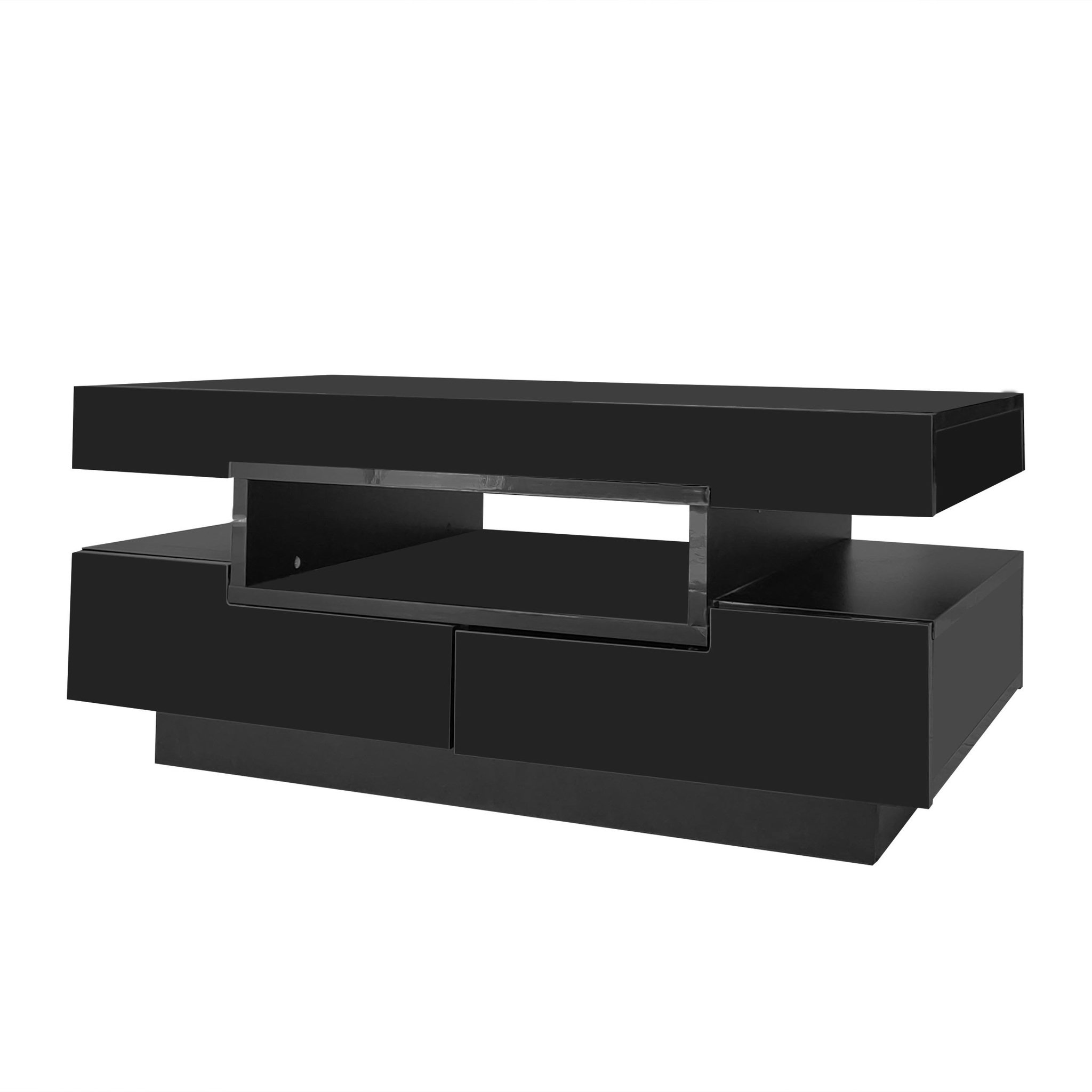 MERAX Table Basse Brillante Avec Bande Lumineuse LED Et 4 Tiroirs. Coloris disponibles : Noir