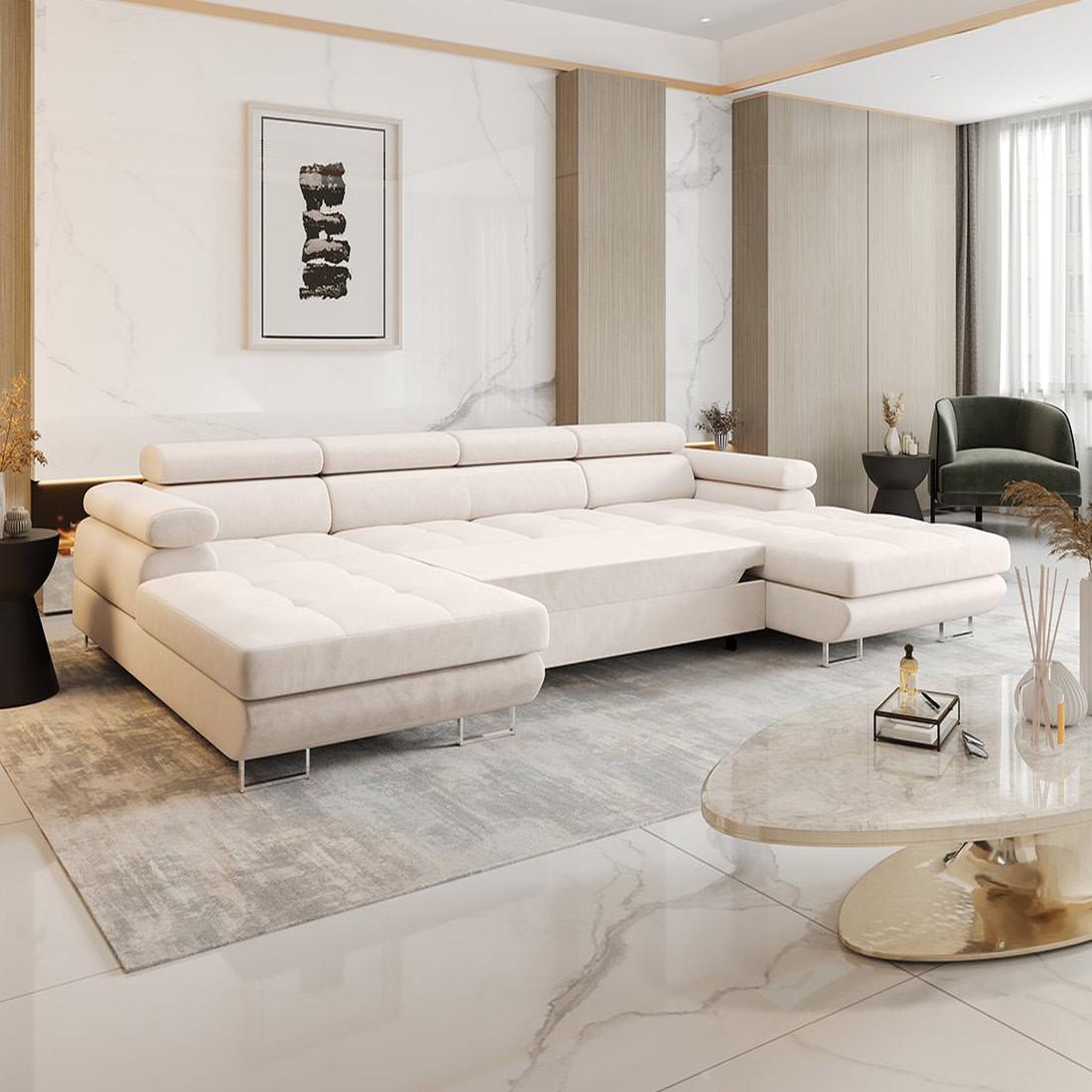 Voir la diapositive 3 : BEST MOBILIER Ayden - canapé panoramique en u 7 places convertible avec coffre et têtières réglables en tissu