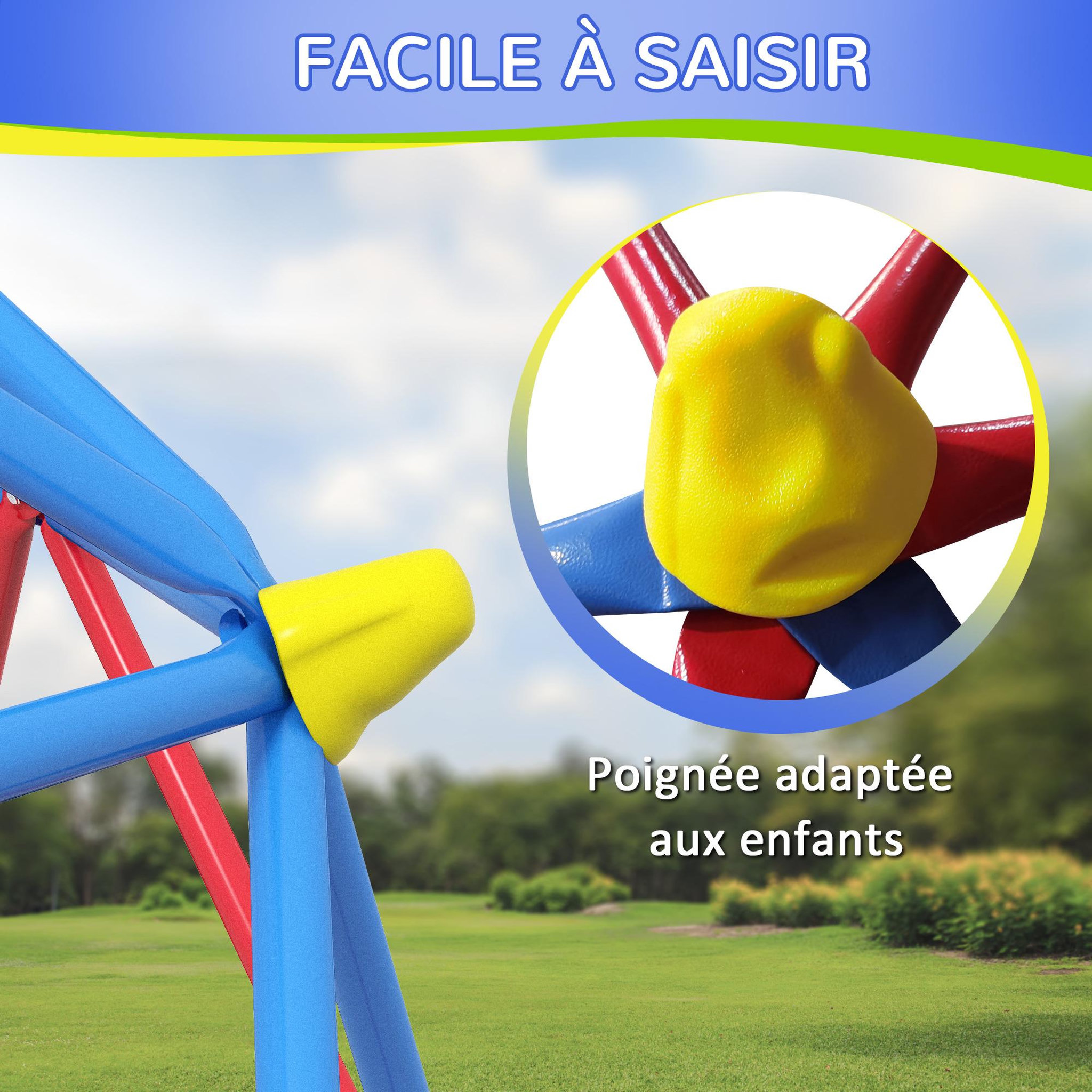 Voir la diapositive 5 : OUTSUNNY Dôme d'escalade enfant Ø 183 x 90H cm - nombreuses prises - charge max. reco. totale 180 Kg - métal PP multicolore