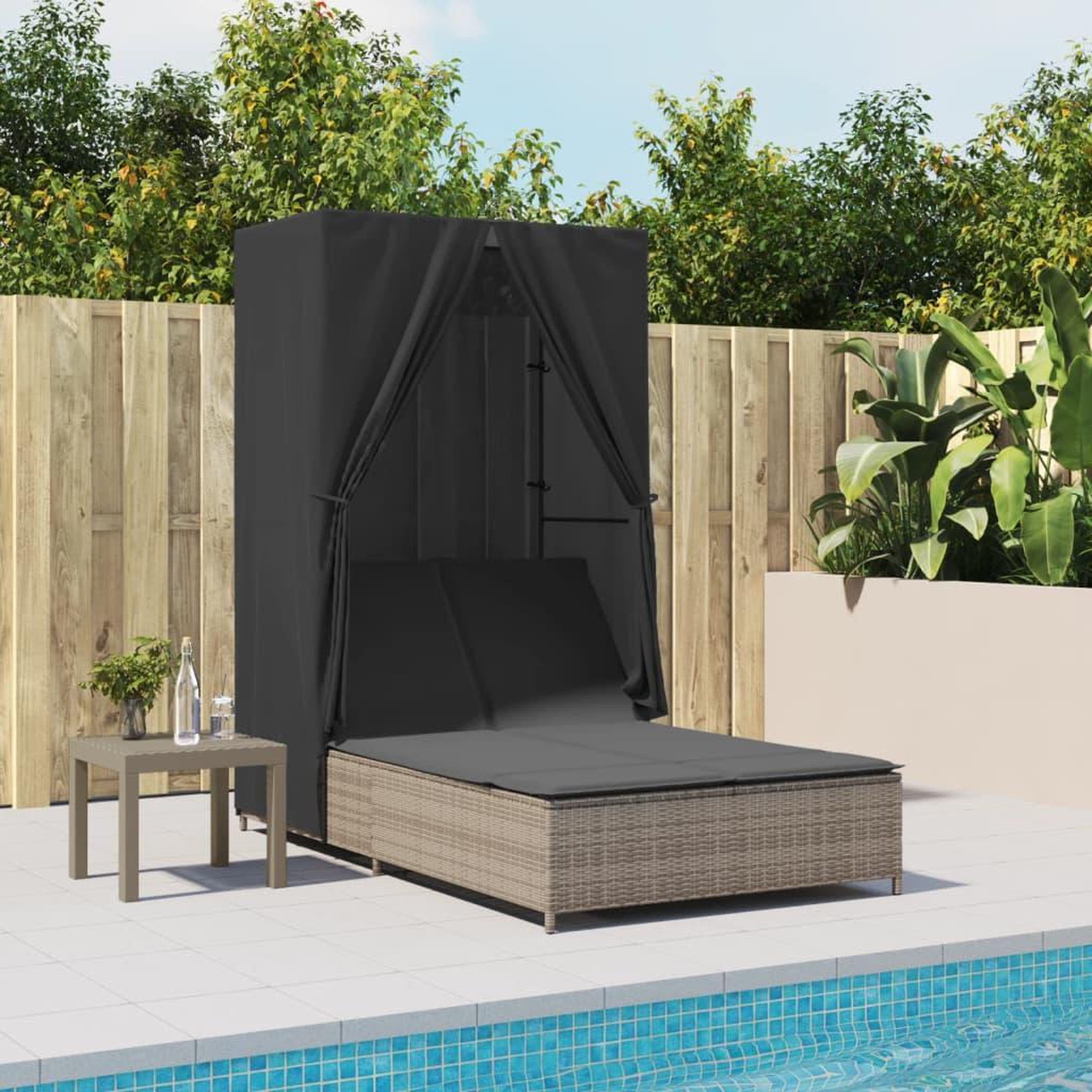 VIDAXL Chaise longue double avec toit et rideaux gris resine tressee