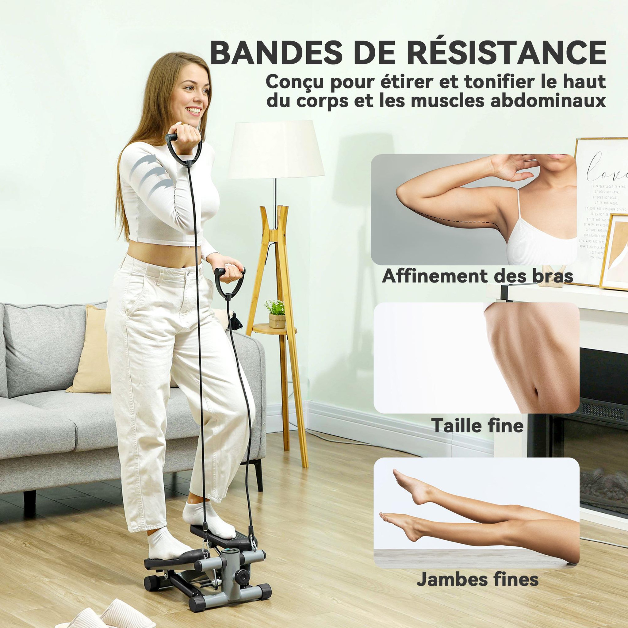 Voir la diapositive 4 : HOMCOM Mini stepper fitness réglable 2 bandes de résistance incluses écran lcd multifonction gris