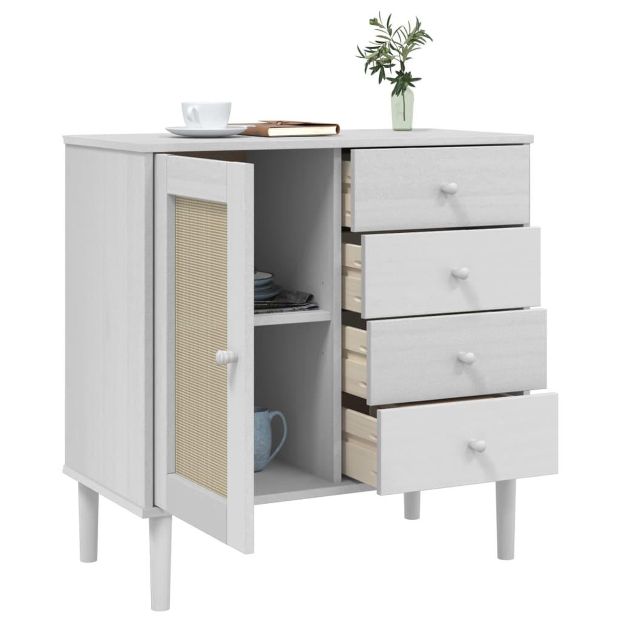 Voir la diapositive 4 : VIDAXL Buffet SENJA aspect rotin blanc 80x40x80 cm bois massif de pin