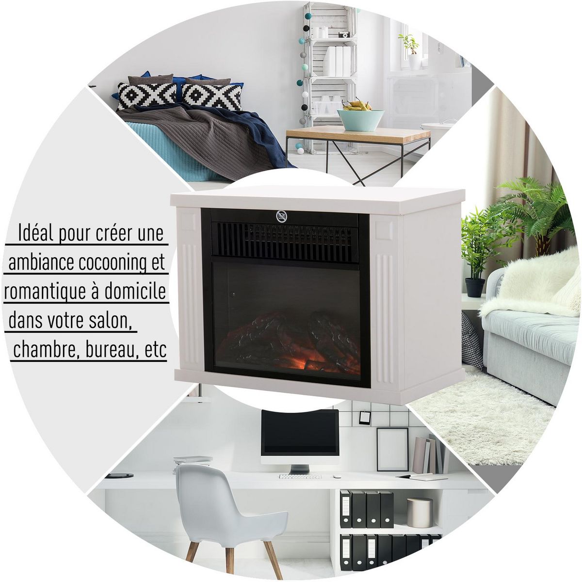 HOMCOM Cheminée électrique poêle style contemporain thermostat 600-1200 W blanc