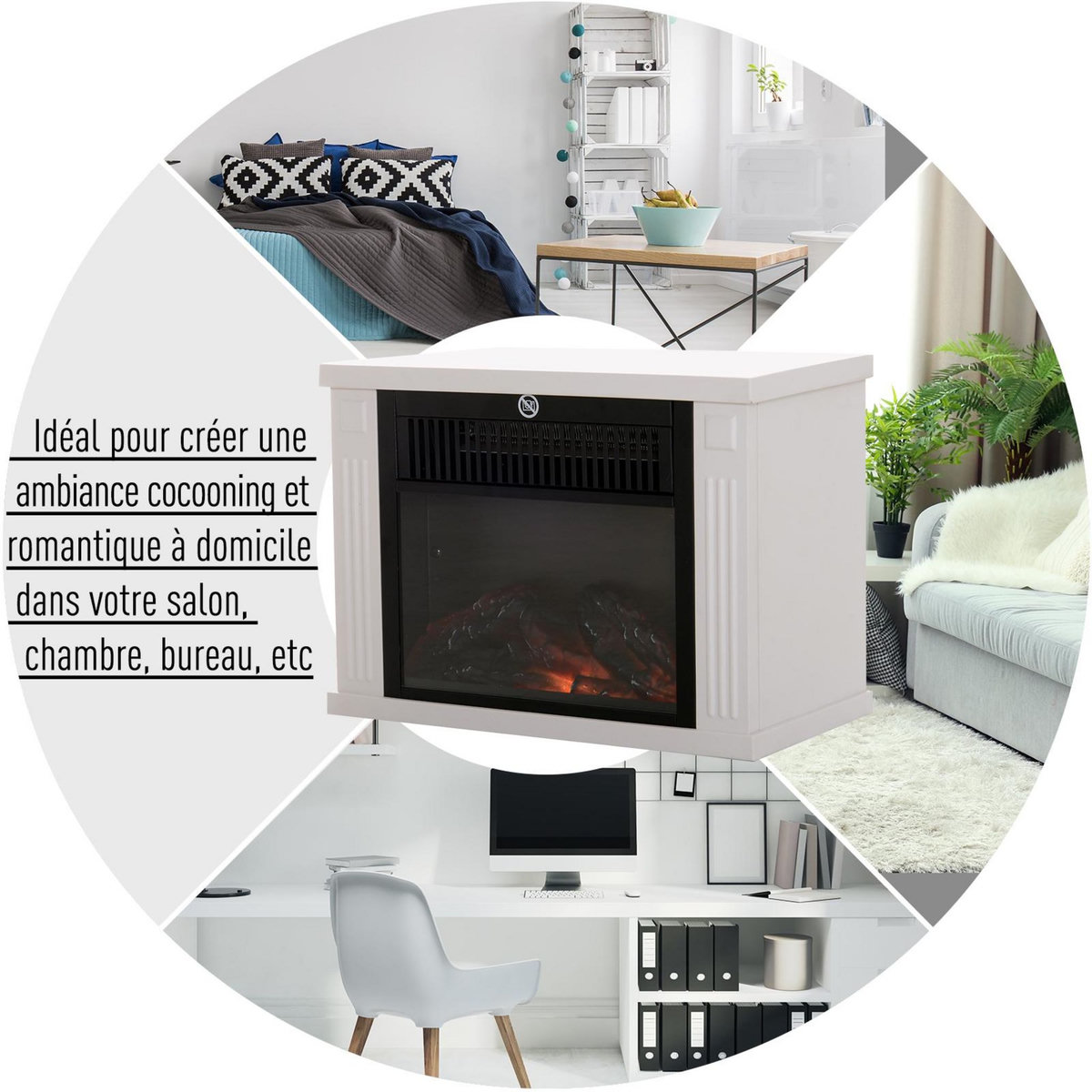 HOMCOM Cheminée électrique poêle style contemporain thermostat 600-1200 W blanc