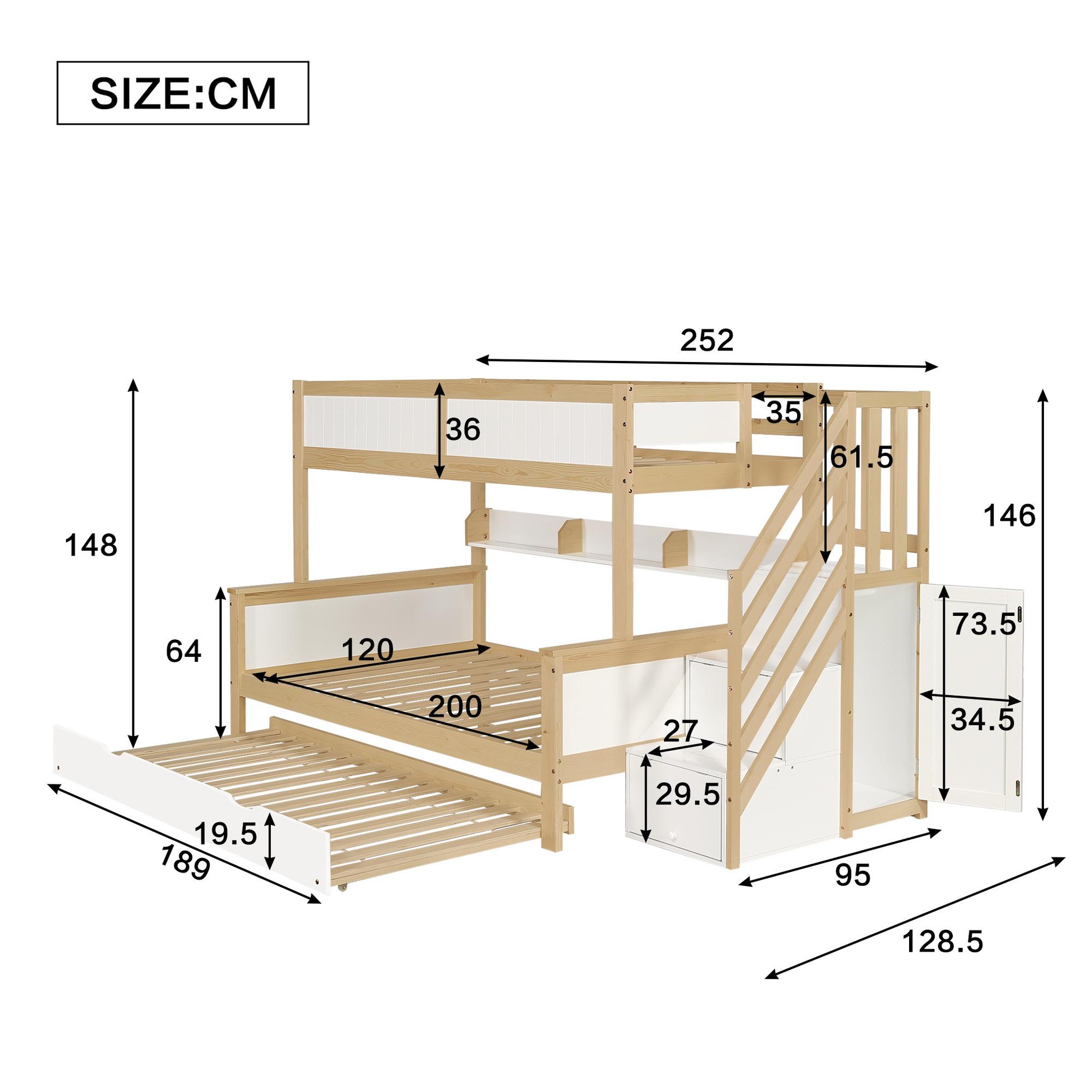 Voir la diapositive 3 : MERAX Lit superposé 90x200cm bois et mdf coloris blanc+naturel