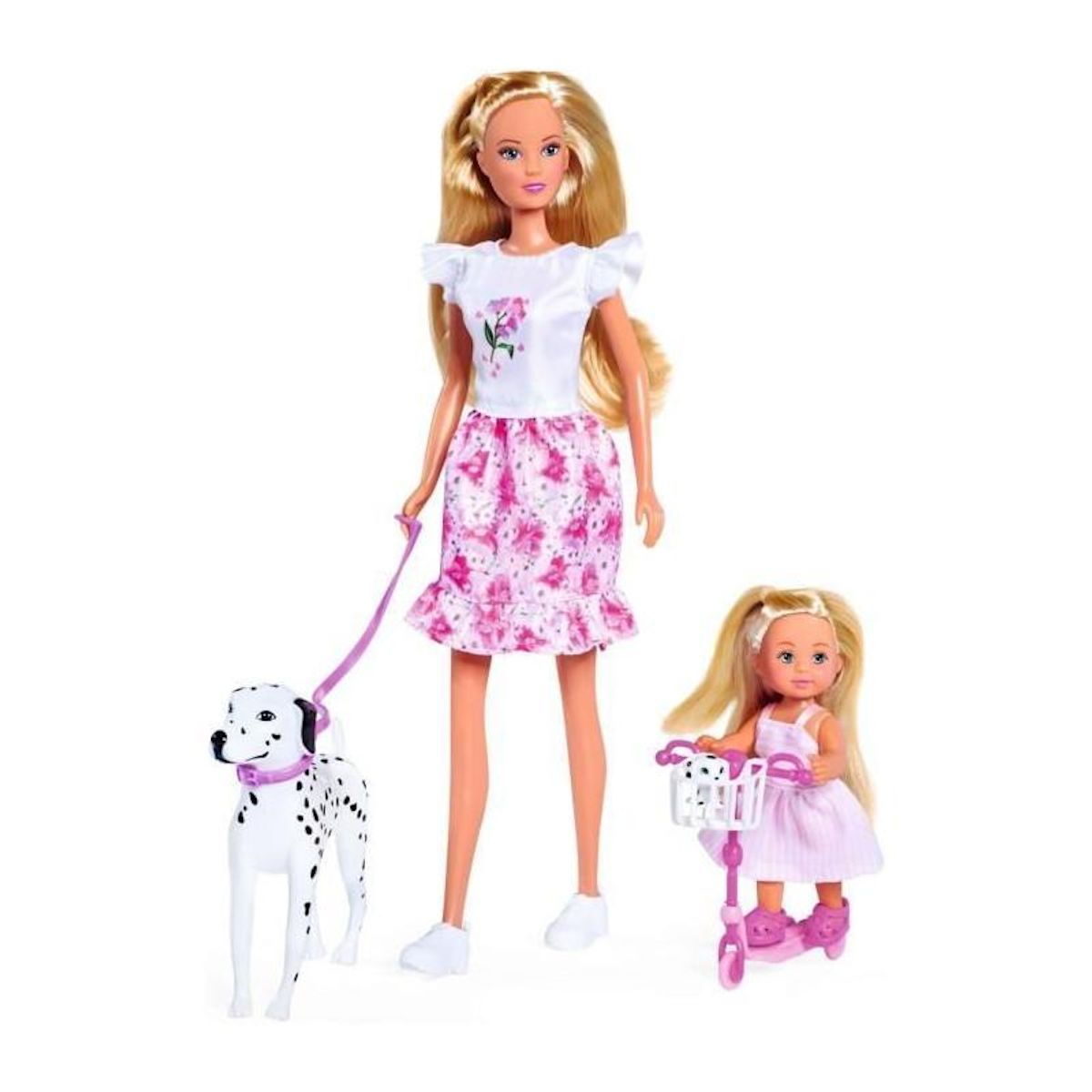 STEFFI LOVE Steffi Love poupée dalmatien + Evi Love - 2 poupées 29 et 12 cm - 2 Figurines Dalmatien - Trotinette Evi - Des 3 ans