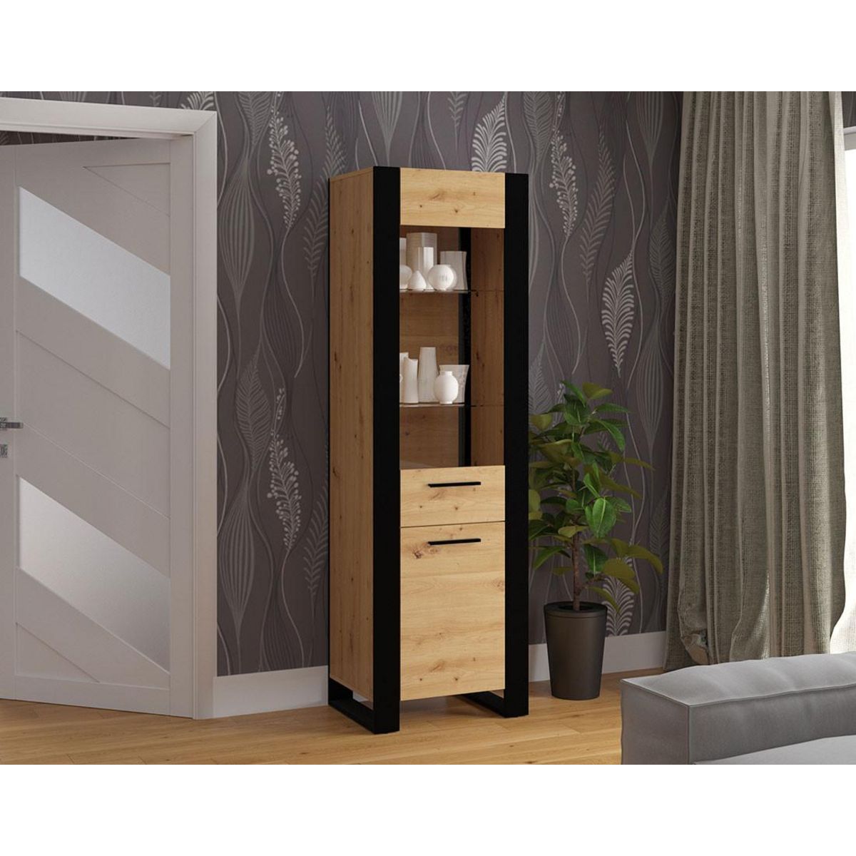 BEST MOBILIER Donnely - vitrine - effet bois et noir - 188 cm