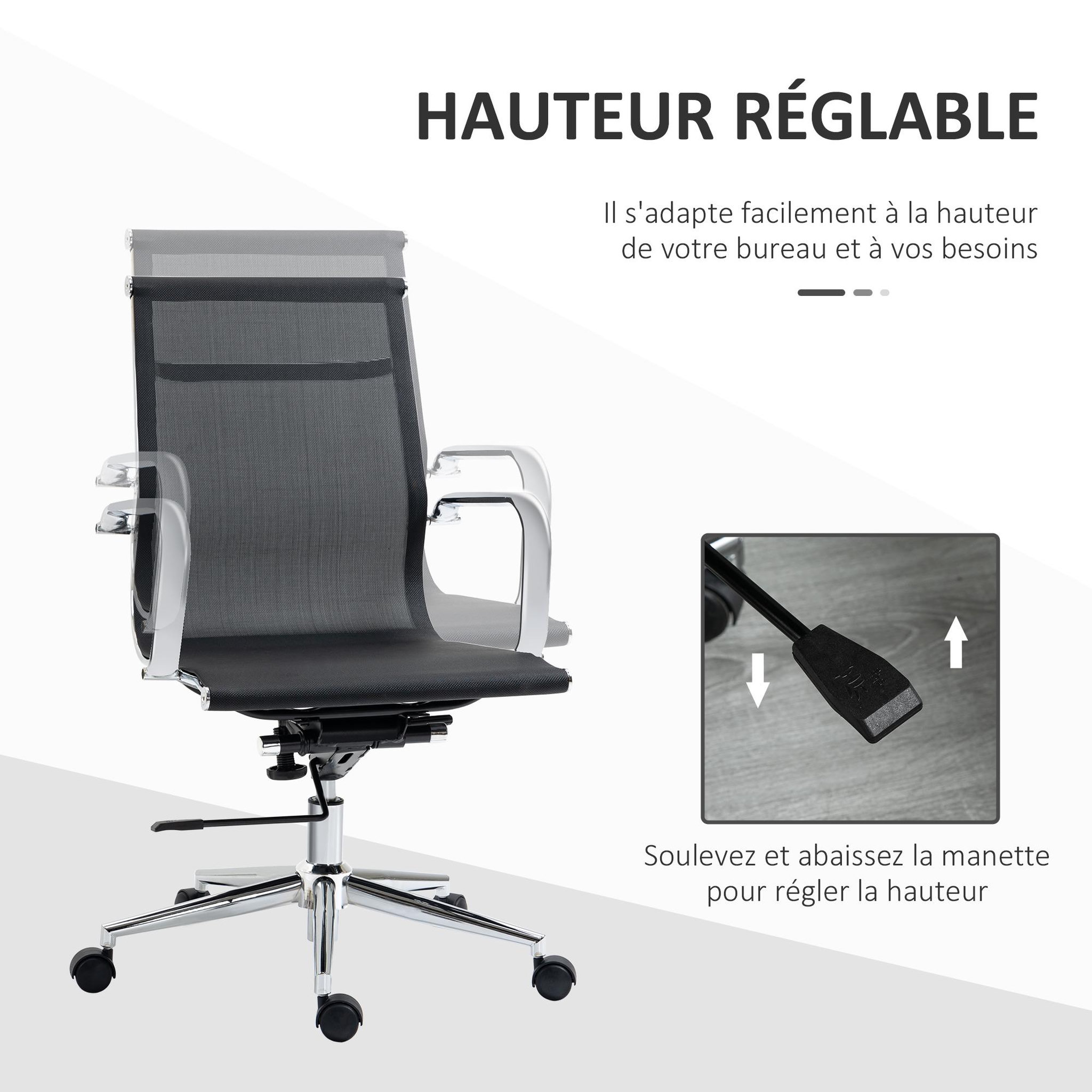 Voir la diapositive 6 : VINSETTO Vinsetto Fauteuil de bureau direction réglable pivotant 360° fonction bascule verrouillable piètement et accoudoirs chromés maille noir