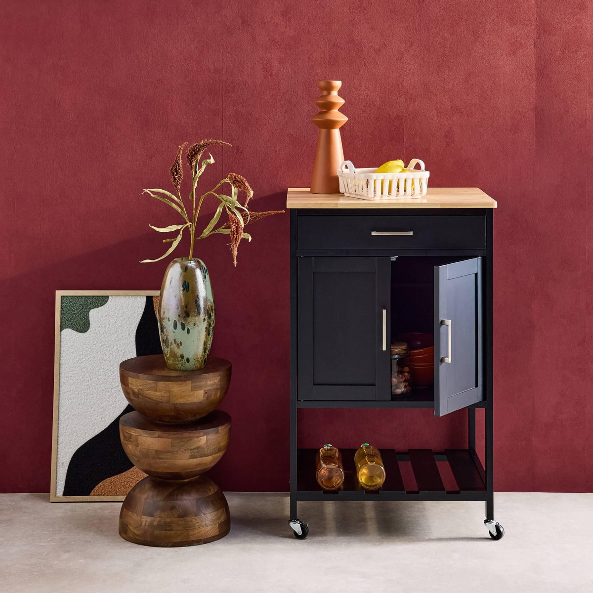 SWEEEK Desserte de cuisine BENDOR plateau en bois d'hévéa, 56 x 46 x 90 cm, 4 roues, 1 tiroir, 2 étagère, 1 double porte, style contemporain