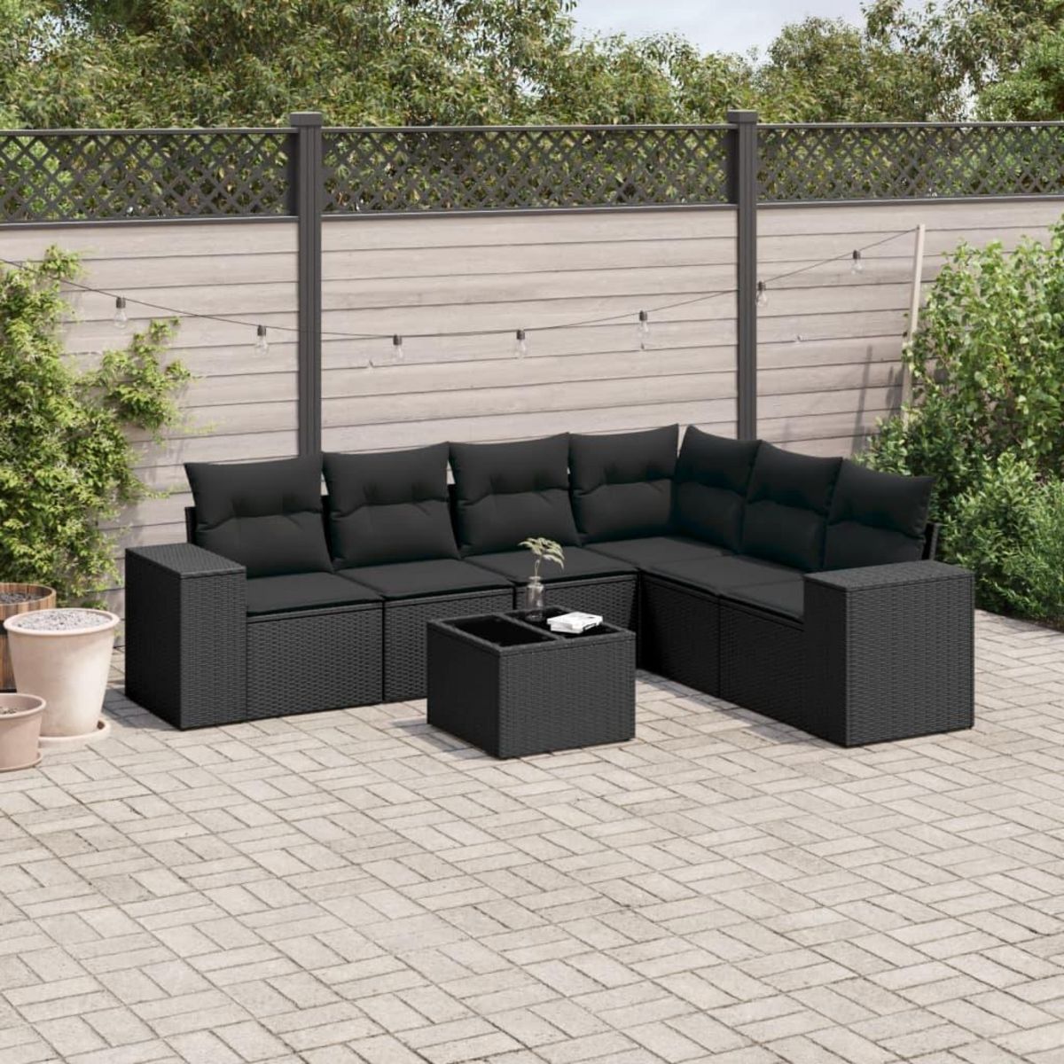VIDAXL Salon de jardin 7 pcs avec coussins noir resine tressee