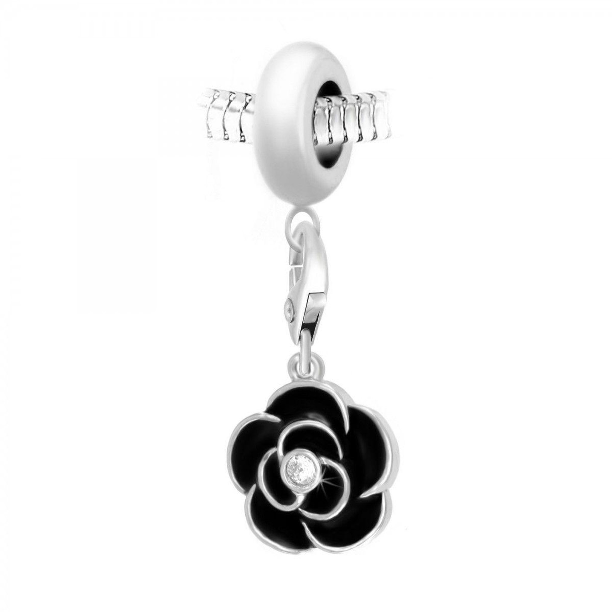 SC CRYSTAL Charm perle SC Crystal en acier avec pendentif rose noire orné de Cristaux scintillants