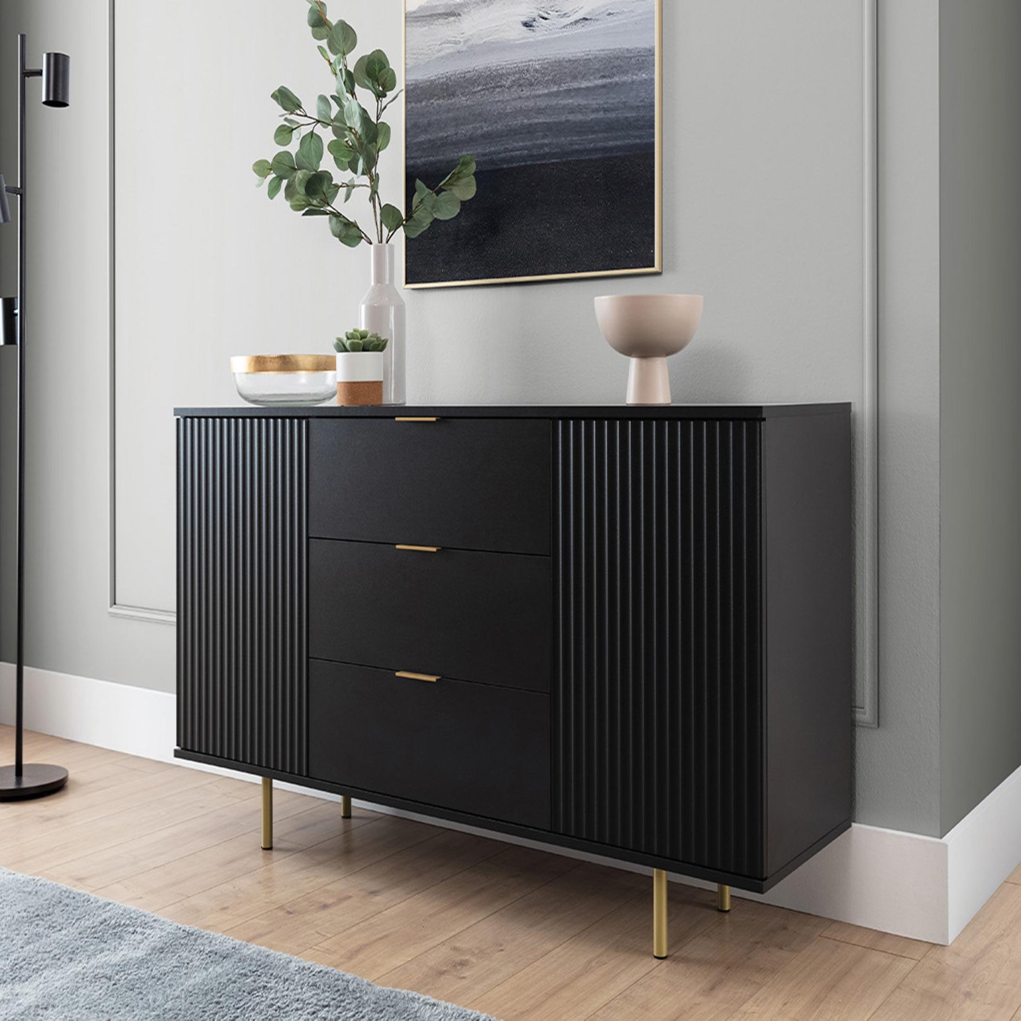 BEST MOBILIER Monica - buffet - noir - 3 tiroirs et 2 portes - 150 cm. Coloris disponibles : Noir