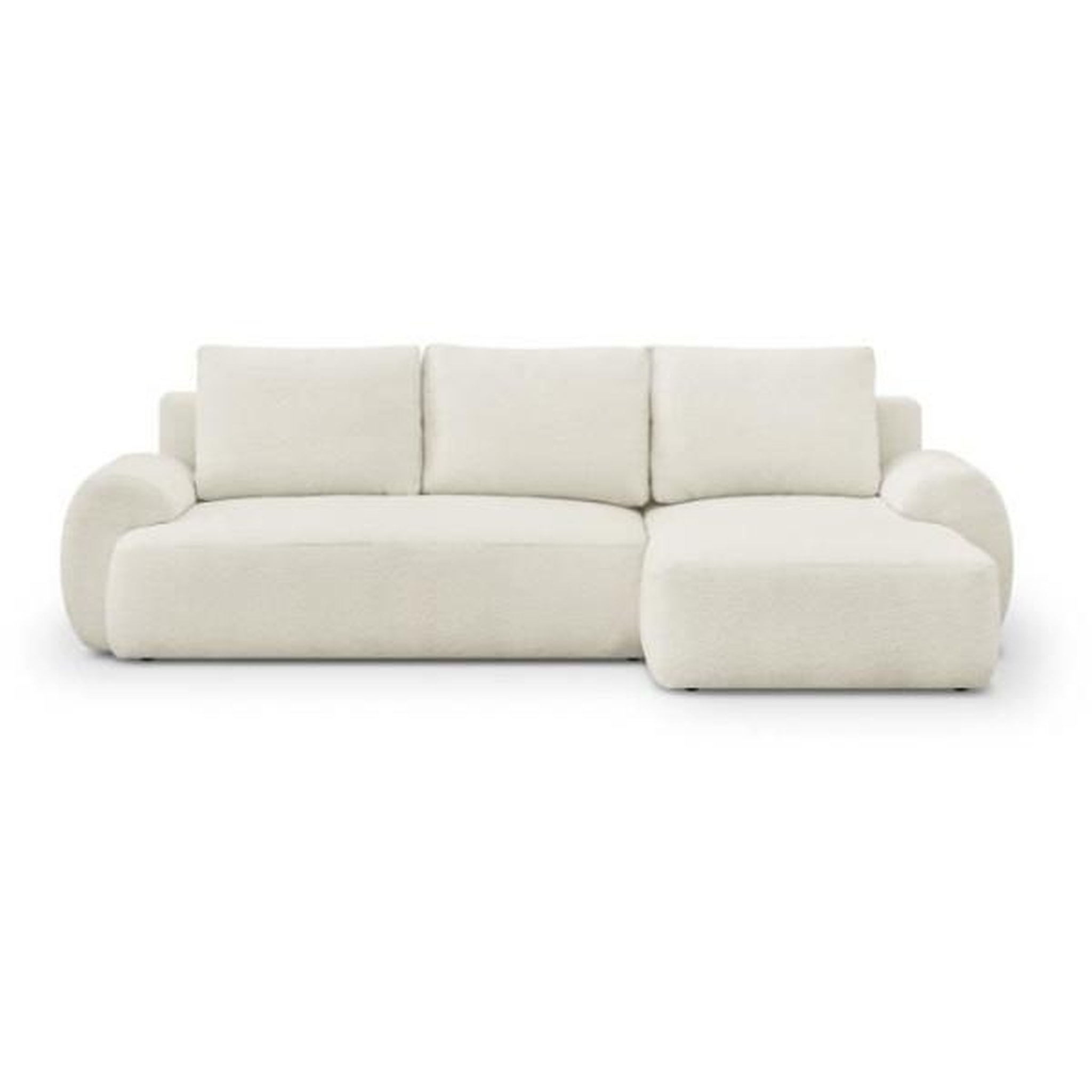 Voir la diapositive 1 : MARKET24 Canapé d'angle droit convertible 4/5 places MILO - Tissu bouclette beige clair - Coffre de rangement - L 264 x H 84 x P 99/145