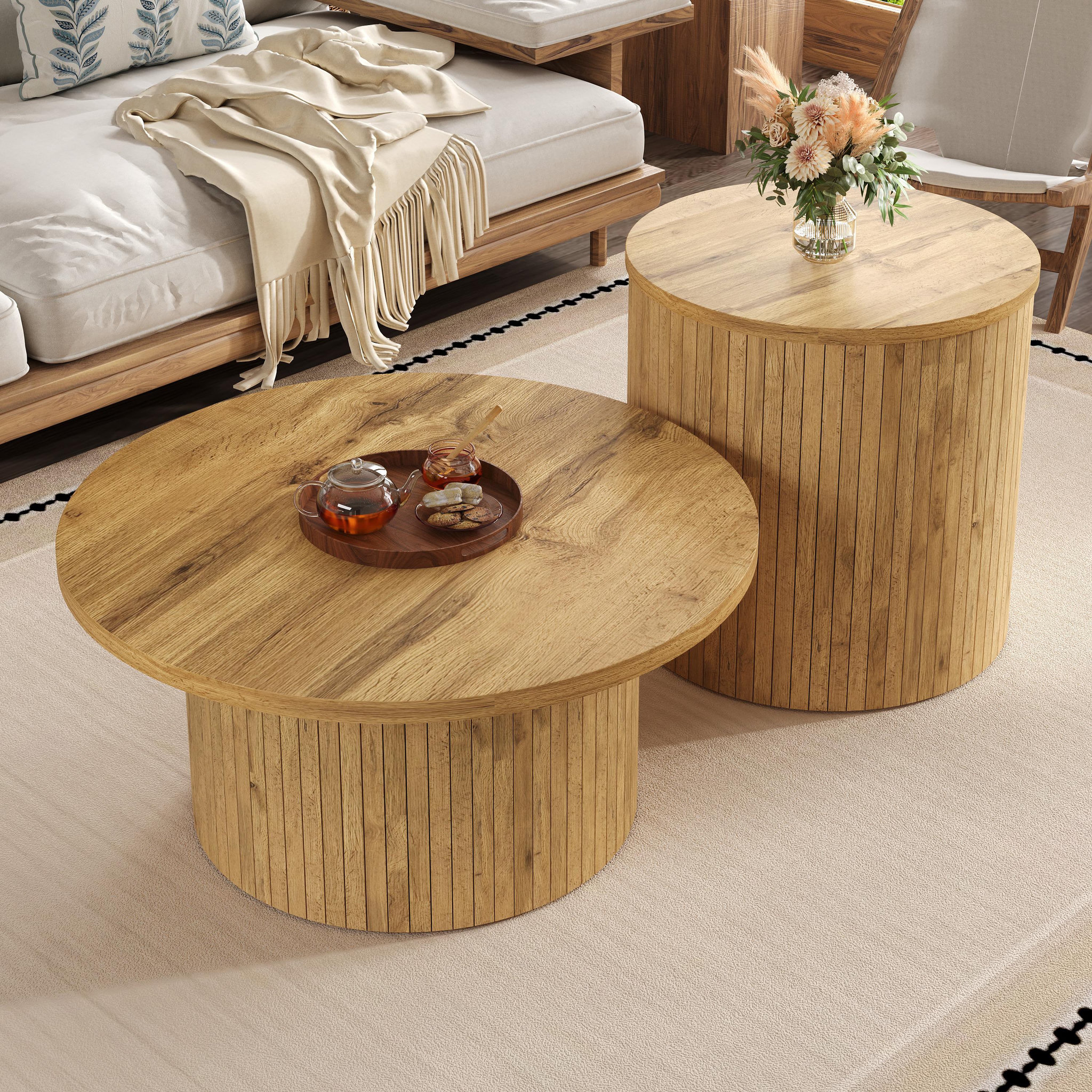 Voir la diapositive 5 : MERAX Table basse gigogne ronde naturel - 75x75 cm mdf
