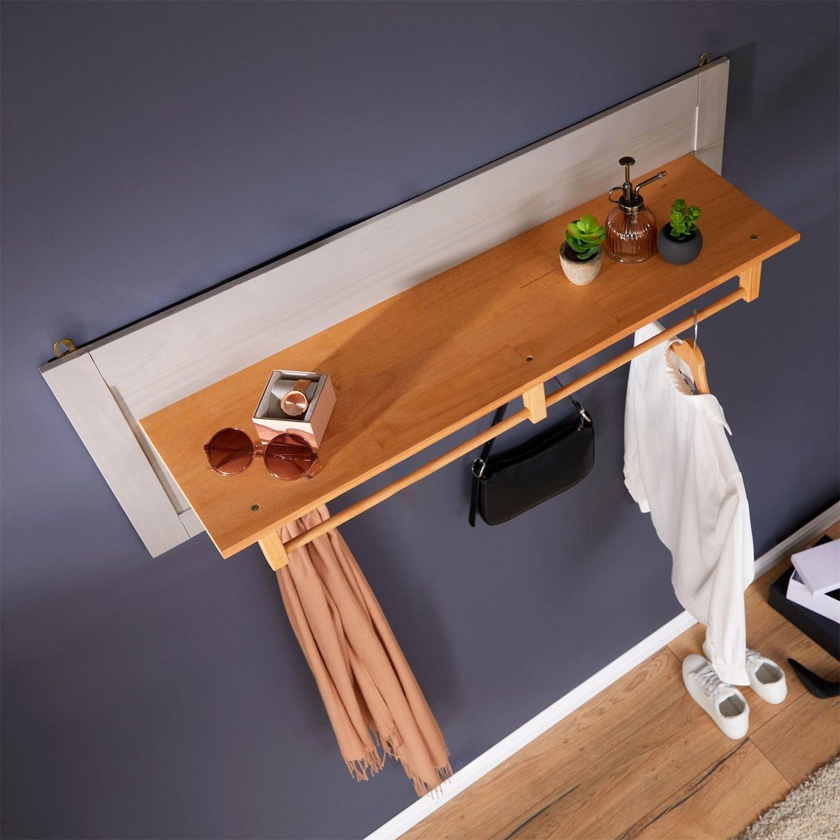 IDIMEX Portemanteau mural 4 crochets 1 étagère BOLTON en pin massif