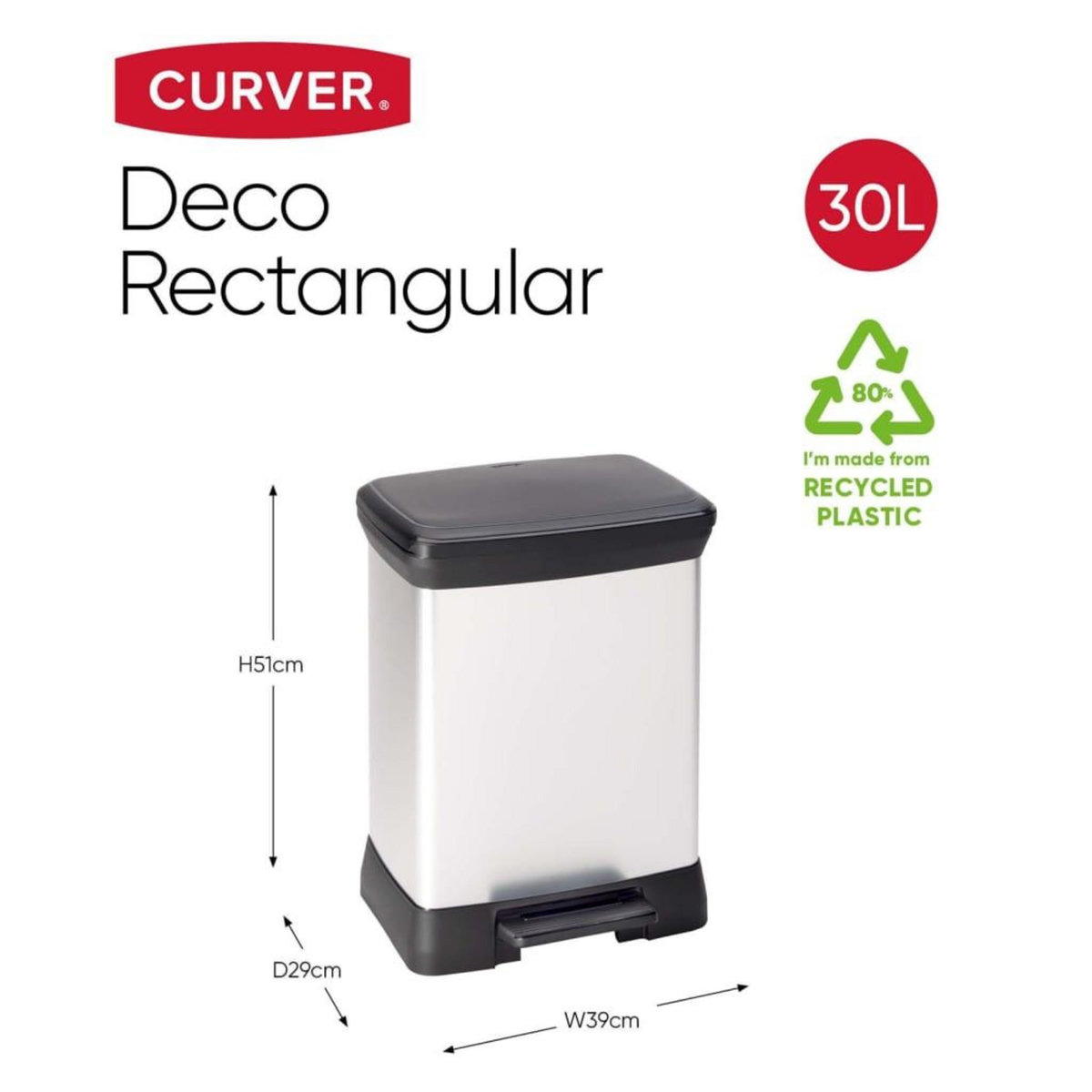 CURVER Curver Poubelle a pedale Deco Rectangulaire 30 L Argente
