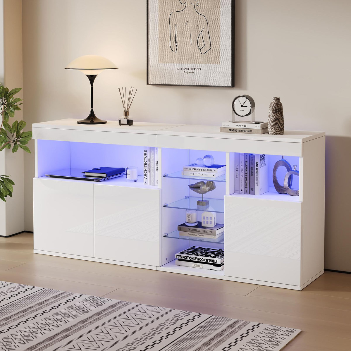MERAX Buffet 3 porte(s) 0 tiroir(s) - 155,5 cm blanc led panneau de particules