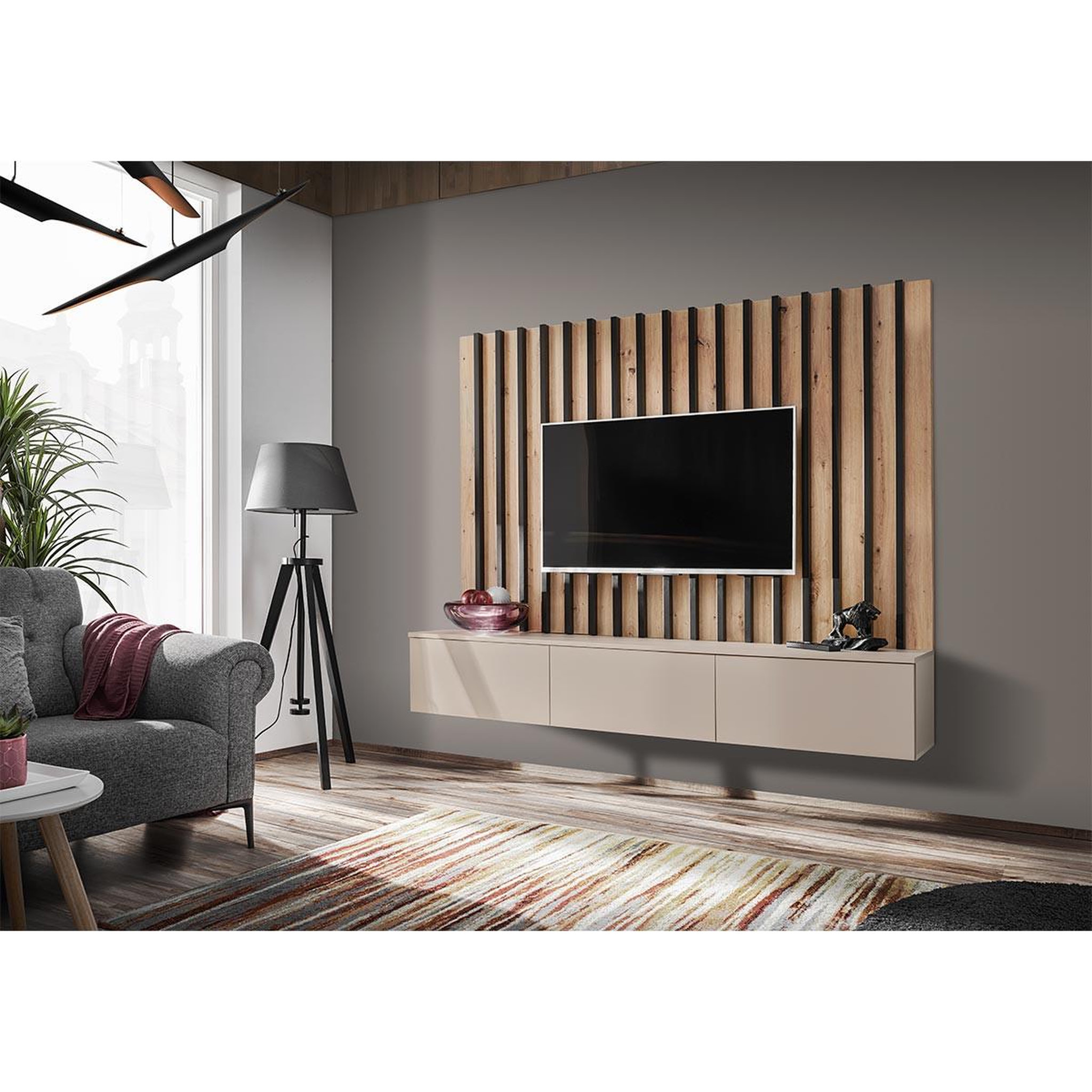 Voir la diapositive 2 : Paris Prix Ensemble meuble tv à lattes  verti  180cm beige
